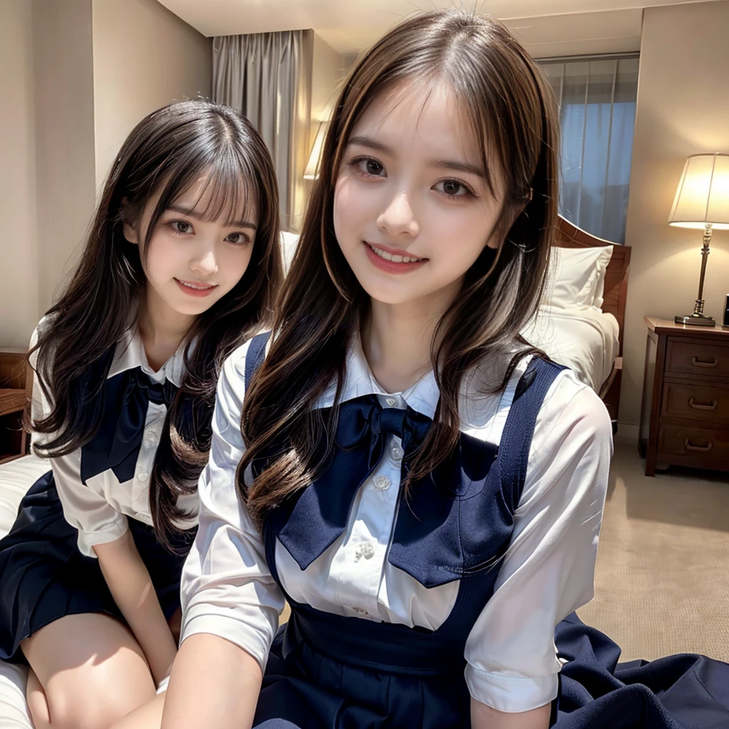 ((Four schoolgirls sitting on bed,Sit across from me,Look at me affectionately fascinated、Enraptured look,Trance,Everyone sees the camera perfectly,1 beautiful girl who is half Spanish,a blond,Brown hair,A dark-haired,photoRealstic,Luxury hotel bed taken from the lap,Same uniform,japanese,4 schoolgirls,Play with each other,Touching each other's bodies,Touching the body of the girl next door,4 Close contact,Very hilarious pose)),(Navy blue skirt in a sailor suit、Red ribbon and white shirt,Same ,large full breasts,Beautiful makeup,glitter makeup,Cutest 18 years old)),((Realistic lighting,during daytime,The background is a luxury hotel room,A detailed face,perfect teeth,White teeth,finerly detailed face,Beautiful face,an ecstatic look on one's face,Perfect fingers,Accurate 5 fingers,high-definition RAW color photography, professional photograpy, extremely delicate and beautiful, Extremely detailed,finely detail, Huge file size,Top image quality,8K))