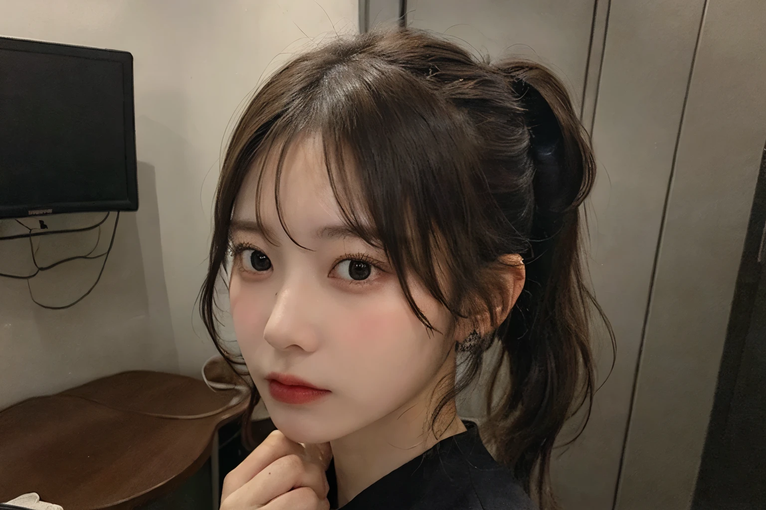 8k, highest quality, masterpiece, Ultra-high resolution, (Realistic: 1.4), Raw photo, Realistic skin texture, (Film Grain: 1.3), One girl, Beautiful and detailed eyes and face, masterpiece, highest quality, Japanese Idols, Fair skin, Natural blur background, close, Selfie, big, Front view, Ponytail hairstyle, Nipples