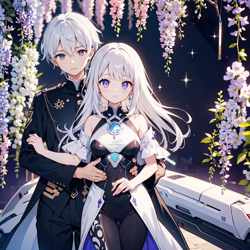 Man and woman couple、yinji,highest quality、Masterpiece、Official Art、The best light source、The best composition、Super detailed、super beautiful、16K、Super detailedな目、Wisteria trellis background、Picture Frame、Picture Frameに紫のLEDライト、indirect lighting、Cyberpunk future beautiful girl、Milky white hair with purple gradation inner color、Sparkling、A couple riding on a futuristic vehicle、Beautiful boy、A girl is riding behind the boy, holding his arm from behind、