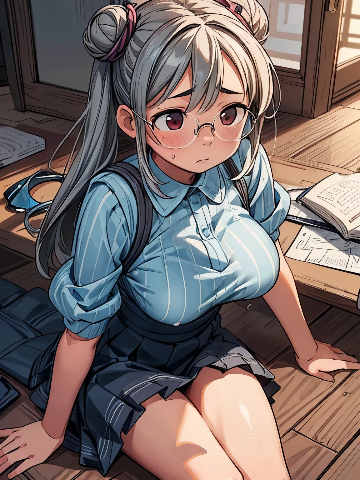 (masterpiece、highest quality、highest quality、Official Art、Beautiful and beautiful:1.2)、(One girl:1.3)Hatsune Miku、Twin tails,Big Breasts,(Master Parts), Better Quality, super high quality, Complex, (Very detailed CG Unity 16K 壁紙), Ultra-detailed, perfectionist, High range, 8K Ultra HD, Ultra-high resolution, Ultra-high resolution, (Detailed line drawing), Very detailed, finely, Digital Art, figure, Detailed figure, (Pixiv:1.3), Official Art, figure super fine, Attention to detail, creative, Depth of written boundary, sharp, Concentrated, Sharp focus, seed, (Emotional impact, new, at last, Exceptional). ((Expressive eyes, Expressive Face)), Perfect Face, Perfect Anatomy, ((Very delicate and beautiful)), Ultra-detailed物理学, Very detailed筋肉, Ultra-detailed筋肉構造, well-proportioned body, Shiny Hair, Glowing Skin, Bright Eyes, Fine hair. One girl, Red eyes, Long Hair, Gray Hair, Side Lock, Huge breasts, stripe, stripe separada, plump, Thick thighs, Glasses, 縁なしGlasses, semi-縁なしGlasses, Big , Single hair bun, Medium Hair.