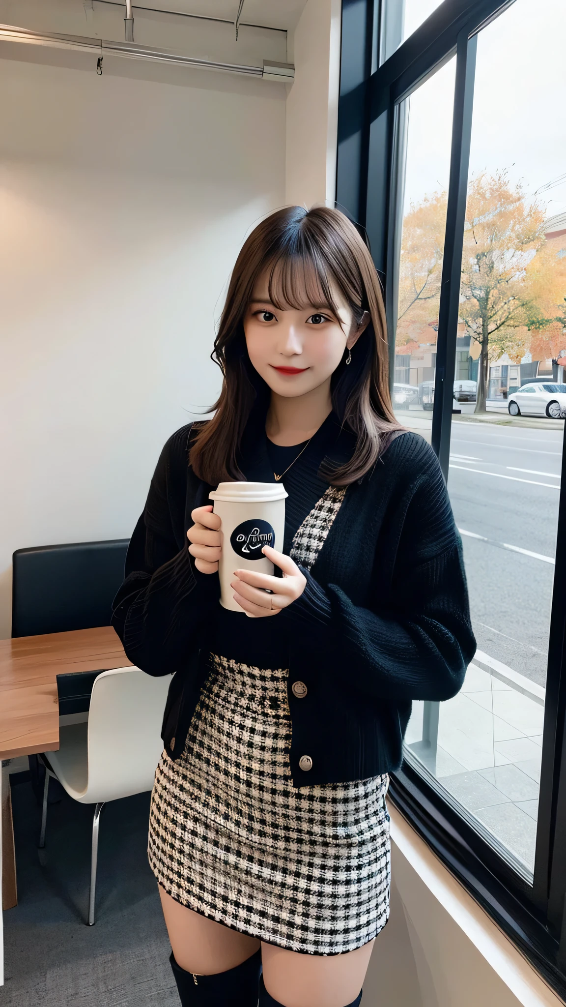 indoor, Portraiture, A 25-year-old woman holding a coffee cup, Black cropped knit cardigan, arm:1, Dark red slim skirt with black check pattern, Black knee-high suede boots, Standing next to the office window