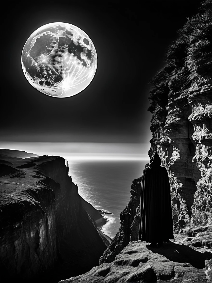 (monochrome:1.5), (Black and White Photography:1.3), A captivating image that evokes the thrill of high-contrast black and white photography, The setting is a picturesque rugged cliff under the enchanting gaze of the moon, A figure swathed in mystery, draped in a cloak, stands right at the edge of the cliff. The figure looks into the infinite distance, stirring the observer's imagination and curiosity, The tight shadows and dramatic lighting lend an element of unearthly fantasy to the scene, The simulated effect should be akin to what would be seen through a wide-angle lens on a long exposure, though no specific camera model is mentioned