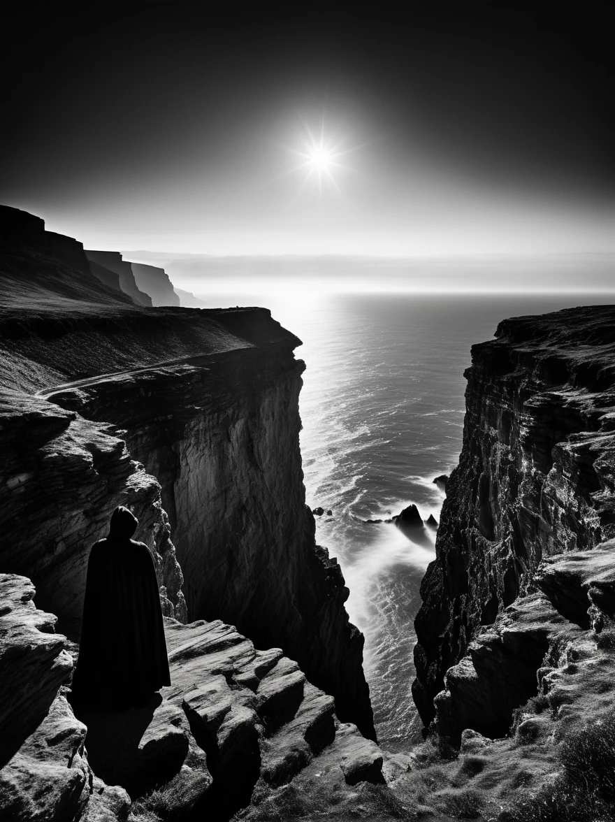 (monochrome:1.5), (Black and White Photography:1.3), A captivating image that evokes the thrill of high-contrast black and white photography, The setting is a picturesque rugged cliff under the enchanting gaze of the moon, A figure swathed in mystery, draped in a cloak, stands right at the edge of the cliff. The figure looks into the infinite distance, stirring the observer's imagination and curiosity, The tight shadows and dramatic lighting lend an element of unearthly fantasy to the scene, The simulated effect should be akin to what would be seen through a wide-angle lens on a long exposure, though no specific camera model is mentioned