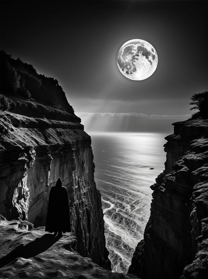 (monochrome:1.5), (Black and White Photography:1.3), A captivating image that evokes the thrill of high-contrast black and white photography, The setting is a picturesque rugged cliff under the enchanting gaze of the moon, A figure swathed in mystery, draped in a cloak, stands right at the edge of the cliff. The figure looks into the infinite distance, stirring the observer's imagination and curiosity, The tight shadows and dramatic lighting lend an element of unearthly fantasy to the scene, The simulated effect should be akin to what would be seen through a wide-angle lens on a long exposure, though no specific camera model is mentioned