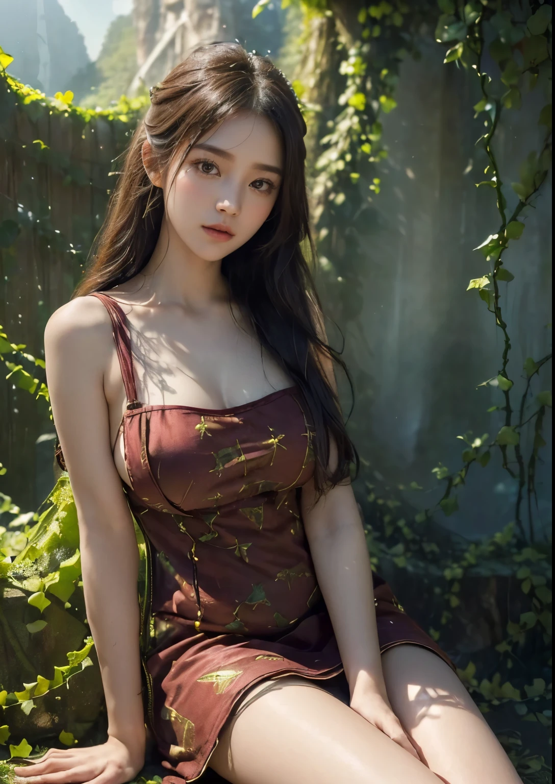 (best quality,4k,8k,highres,masterpiece:1.2),ultra-detailed,(realistic,photorealistic,photo-realistic:1.37),high-resolution portraits, ((beautiful Korean girl)), (22 years girl),((((sitting in front of Tianzi Shan Mountain Zhangjiajie)))),(((Red Glitter silky Makib Suspender Checkered above knee length Dress))),green mountains,((very very tall mountains)),((every where tall  Mountains)),((((mountains hanging in vines)))),((((waterfalls in hanging mountains in vines)),((((mountains hanging with vines)))),serene expression,dark flowing hair,peaceful atmosphere,ethereal beauty,harmonious composition,delicate features,lush vegetation,golden sunlight,graceful posture,soothing ambiance,serene and majestic,the girl's eyes reflect the beauty of the mountains,magical and dreamlike,tranquility and harmony,serene and ethereal,gentle and graceful,natural beauty,mesmerizing scenery,looks like a painting,captivating beauty,incredible natural wonder,serenity and tranquility,majestic and awe-inspiring, (stylish angles), ((stylish poses)), Young round breasts, young body, perfect body figure, Slender, (bright skin)), ((cinematic photography))