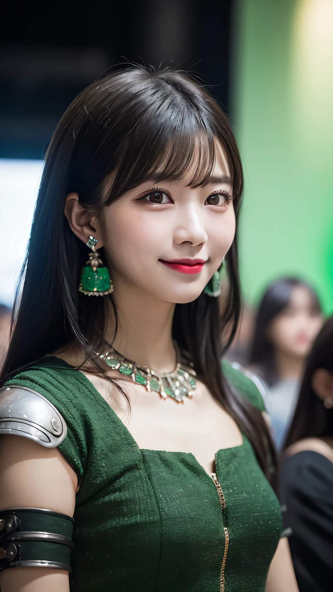 1 of 1 girls, armor, black_hair, Blurred, Blurred_background, Blurred_prospect, chest, green_eye, Closed_mouth, depth_of_Field, Earrings, jewelry, length_hair, Looking_in_Audience, smile, One person in, upper_body