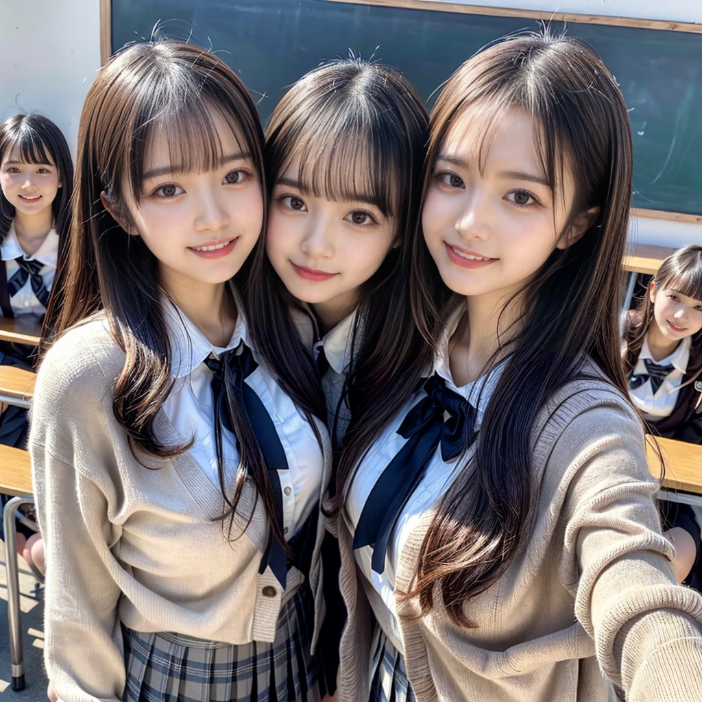 ((top-quality、masutepiece、8K、Top image quality))、Highly saturated、(Group photo of 3 high school girls:1.5)、((School uniform white shirt、Ribbon on the chest、Plaid pleated skirt))、The happiest smile、Biggest smile、Show your teeth and smile、View me、(waved hair)、The background is a school classroom、lipsticks、Perfect makeup、Emphasize body lines、large breast、(accurate anatomy:1.3)、(perfect hair:1.2)、(exact cardigan:1.3)