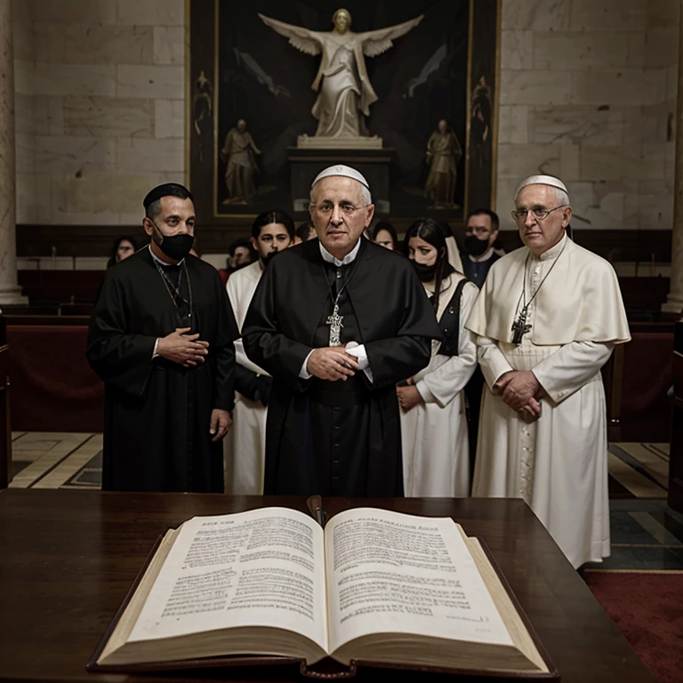 El papa dando un discurso en el vaticano, rodeado de demonios, ghosts and fallen angels, mientras es grabado , 17 de mayo 2024