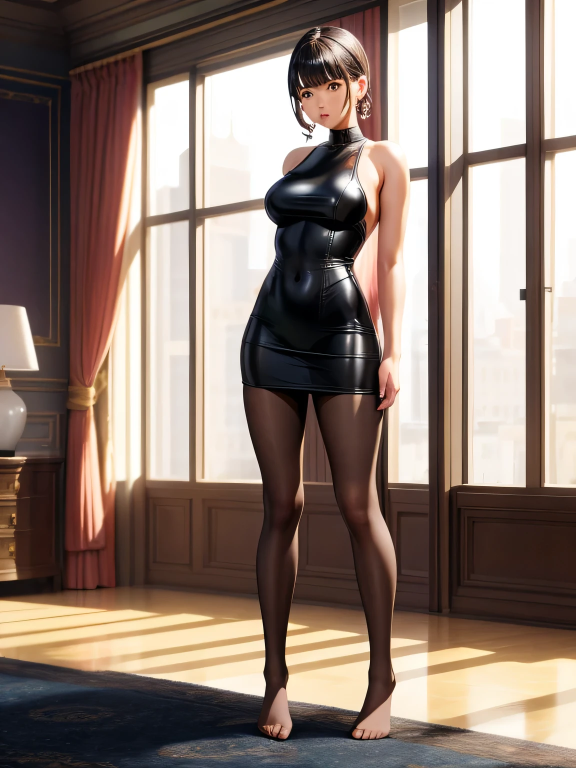 Show entire body, mixed race female, wearing mini one piece skirt, pantyhose, no shoes, luxurious living room, standing, huge windows, photorealistic, great detail