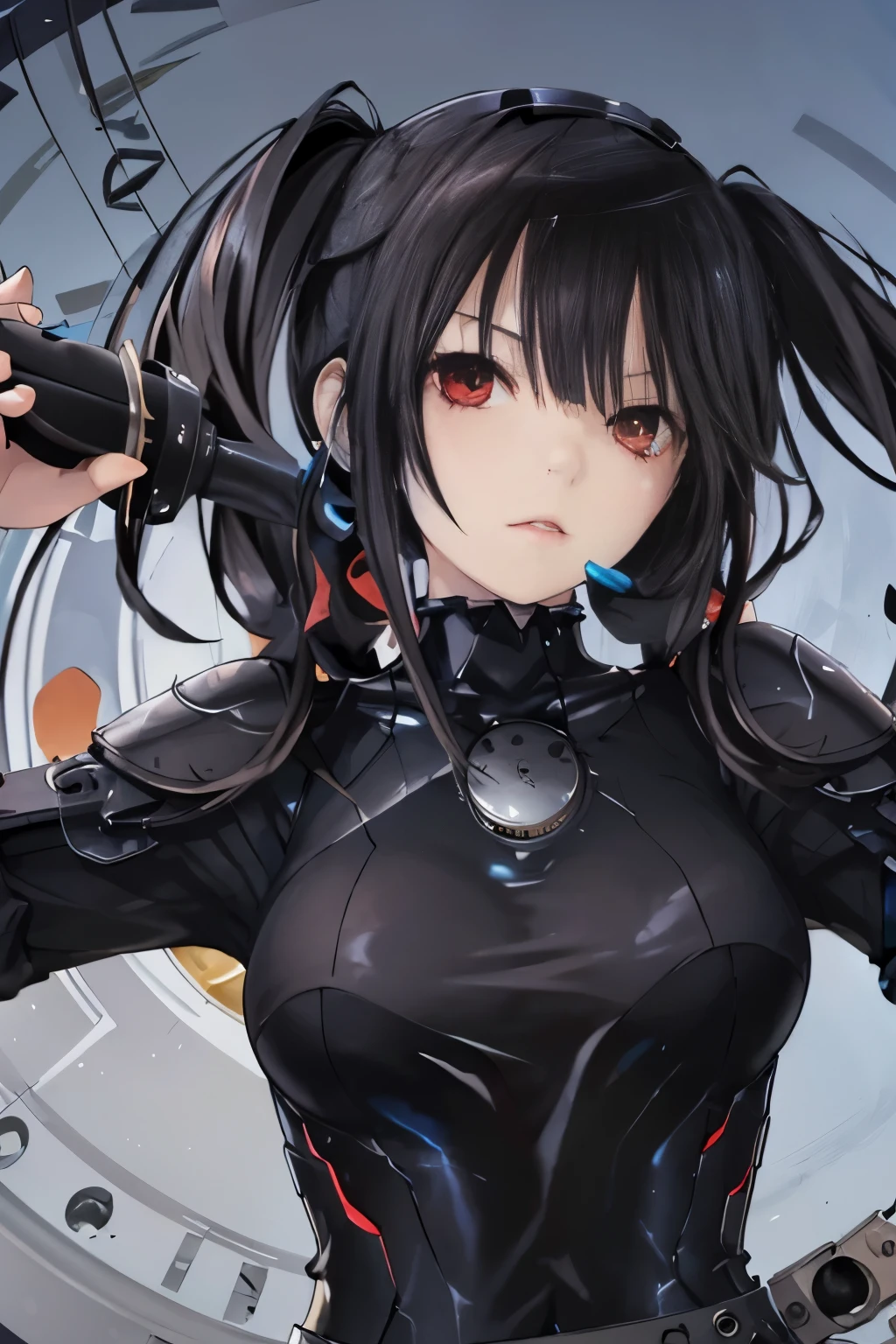 Optimal，masterpiece，High resolution，highest quality，Hyper HD，Very detailed，Award-winning，16k，alone，（Upper Body），Correct Anatomy，Beautiful Cyberpunk Girl，Upper Bodyの写真、Cute Face，，Black Hair、Long Hair、Twin tails、Hairline，（（Scarlet Eyes）），Long eyelashes，Drooping eyelids，White skin，((Shoot from the front:1.5)), ((Tight black t-shirt:1.5)), ((Clock Top:1.5))、See through、rocket , (Big Breasts),