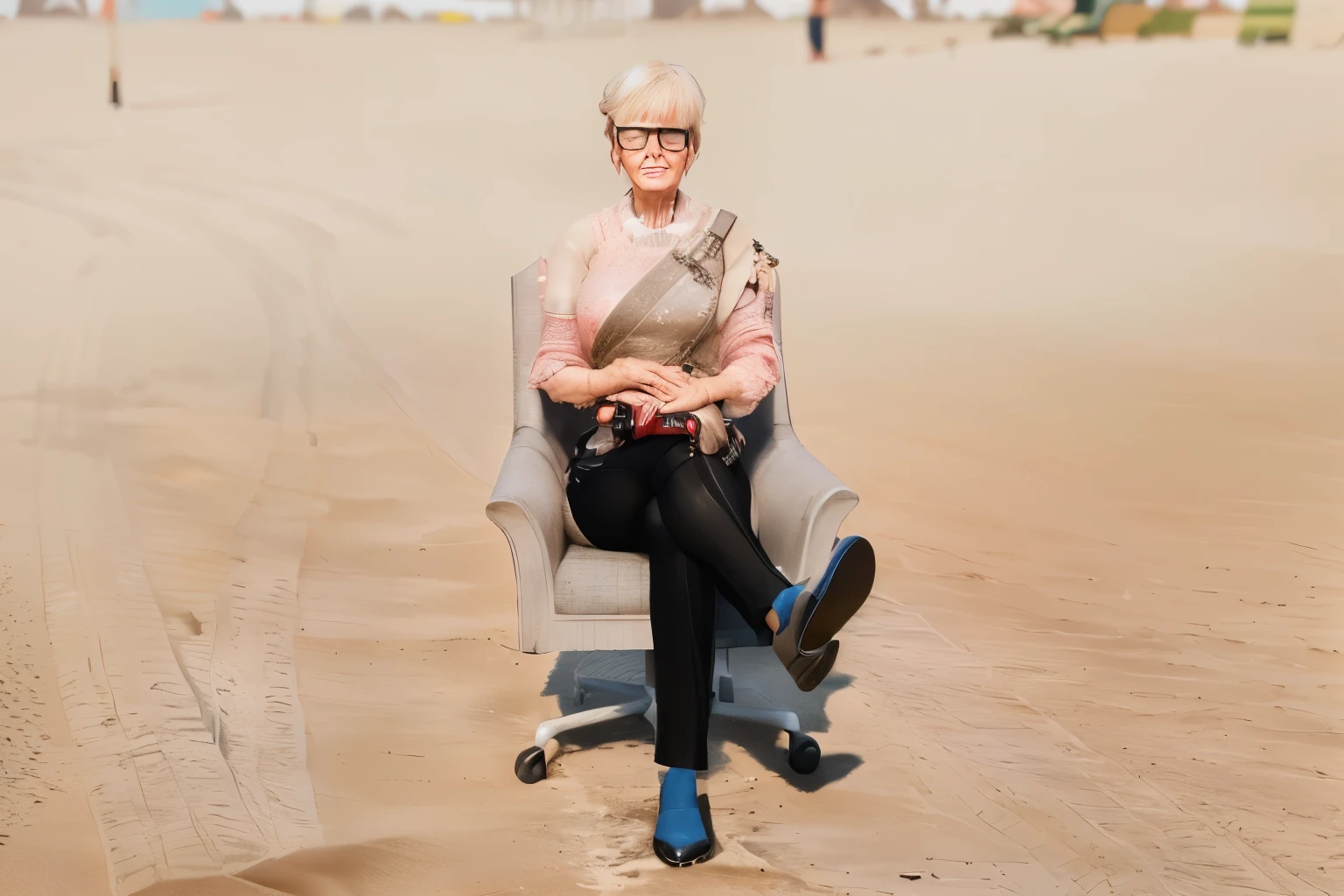there is a woman sitting on a chair with a bird on her lap, sitting on the beach, angela merkel in gta v, sitting at the beach, full body shot hyperdetailed, sitting in a chair, sitting on a chair, sitting down casually, sitting in fancy chair, fully body portrait, sitting on chair, gordon freeman as a woman, old lady cyborg merchant