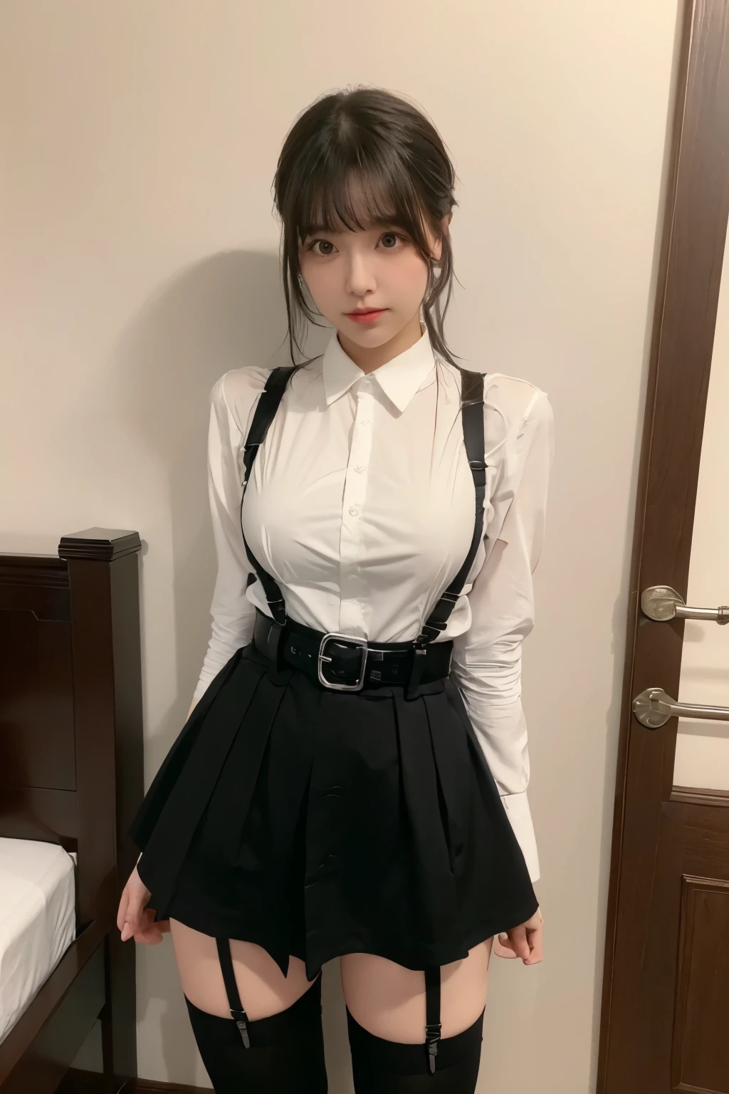 suspenders　　　Large swollen breasts　　 　 　　　　Black mini skirt　garter belt　Knee-high socks　　　　　　　bangs 　　　　　Beauty　　Hands up　　 　　Black boots 　　　　one person 　　　Dress shirt　　　Hands Behind Back　put your hands behind your back　　With your hands behind your back　Armament　holster　　A room at the Belt Hotel　Bed　Wall side 　Armpit sweat　Panty shot