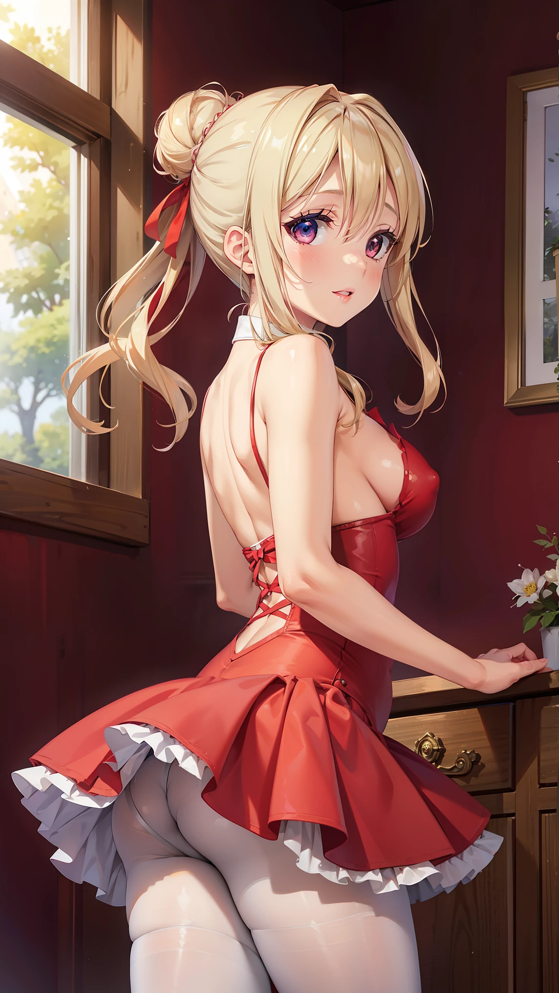 1girl, natural lighting, masterpiece, highly detailed, illustration, game CG, absurdres, high quality, beautiful detailed eyes, glossy lips, natural lighting, medium breasts, blonde hair, hair bun, long bangs, hair between eyes, arisa ayase, aahiyori, red ballerina, (red pantyhose), from behind, looking back at viewer, light smile, red clothes