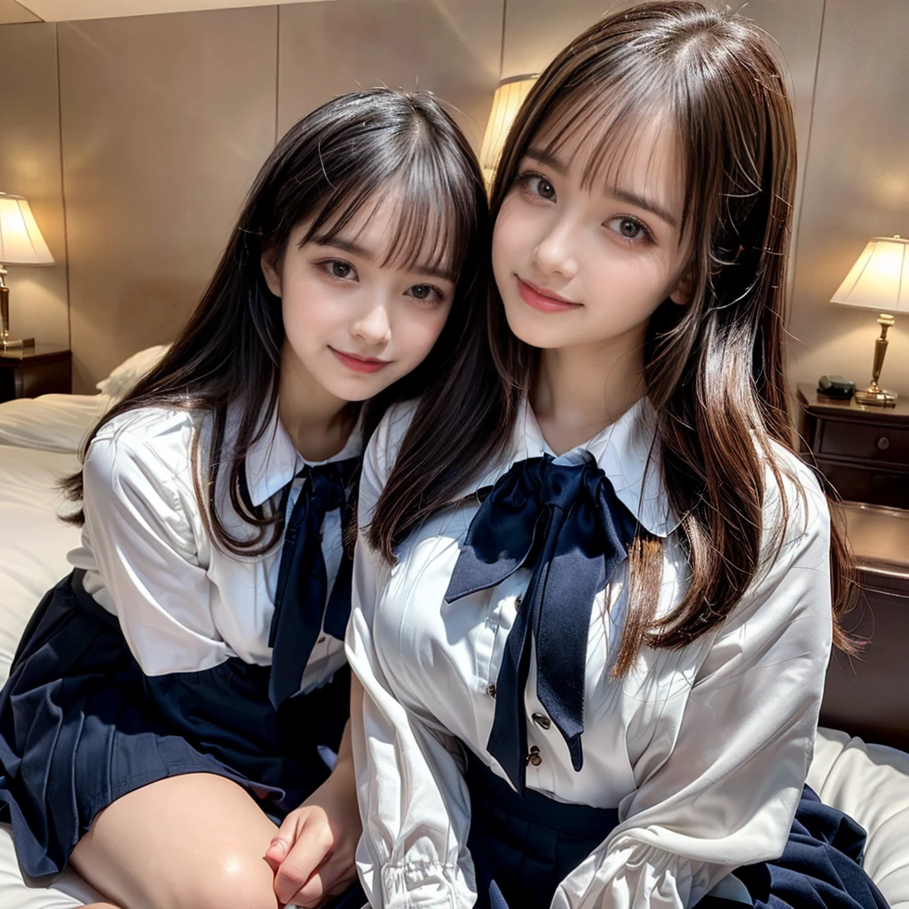 ((Four schoolgirls sitting on bed,Sit across from me,Look at me affectionately fascinated、Enraptured look,Trance,Everyone sees the camera perfectly,1 beautiful girl who is half Spanish,a blond,Brown hair,A dark-haired,photoRealstic,Luxury hotel bed taken from the lap,Same uniform,japanese,4 schoolgirls,Play with each other,Touching each other's bodies,Touching the body of the girl next door,4 Close contact,Very hilarious pose)),(Navy blue skirt in a sailor suit、Red ribbon and white shirt,Same ,large full breasts,Beautiful makeup,glitter makeup,Cutest 18 years old)),((Realistic lighting,during daytime,The background is a luxury hotel room,A detailed face,perfect teeth,White teeth,finerly detailed face,Beautiful face,an ecstatic look on one's face,Perfect fingers,Accurate 5 fingers,high-definition RAW color photography, professional photograpy, extremely delicate and beautiful, Extremely detailed,finely detail, Huge file size,Top image quality,8K))