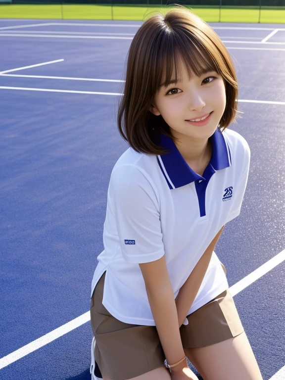 masterpiece, highest quality, High resolution, wallpaper, Realistic, Bright lighting, Professional Lighting, Face Light, Smooth lighting, Japanese Girls, ((Whole body 1.4)),Are standing, 12 years old,cute, smile, beautiful girl, gravure, sexy, so beautiful, Beautiful Skin, Beautiful and detailed、Detailed face、slim、Moderate, short hair, Brunette colored hair, Brown eyes, View your viewers,White tennis player uniform,Outdoor tennis court,Small,