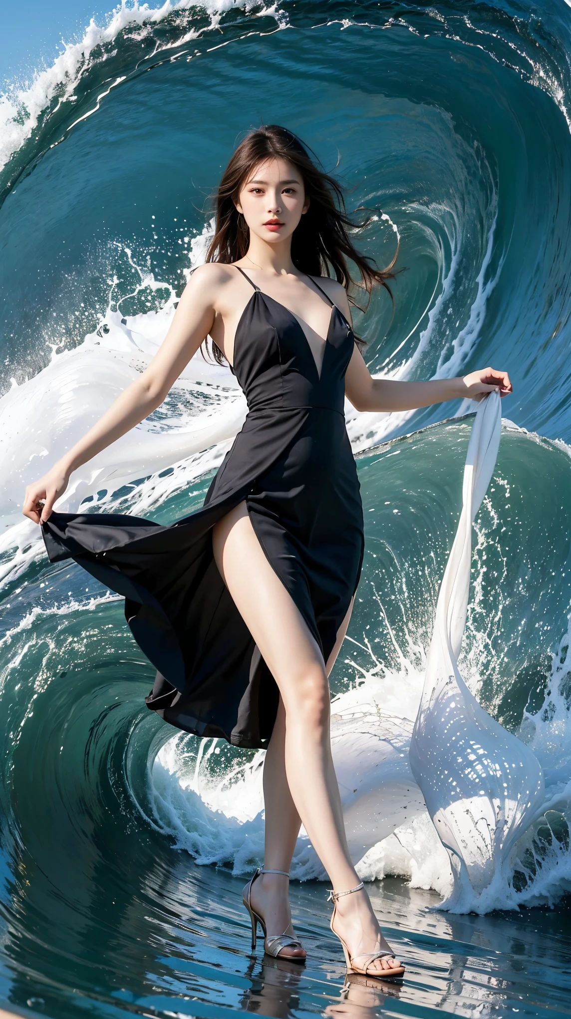 highest quality,masterpiece,Ultra-high resolution,(Actual:1.4),Original photo,Ultra-high resolution，8k，There are women，Fair skin，Exquisite makeup，Big waves，Turquoise Dress，High heels，Long legs，Bright and beautiful