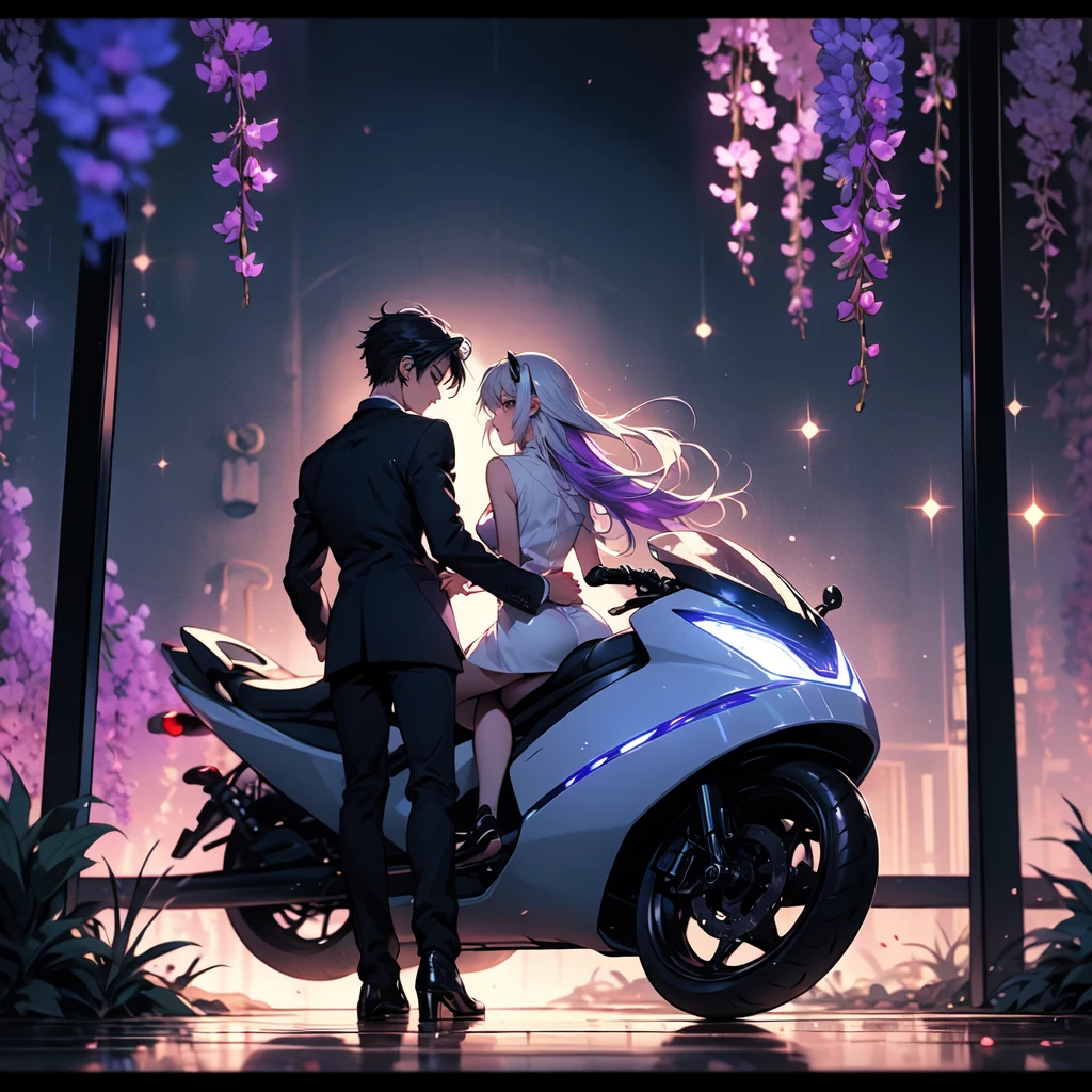 Man and woman couple、yinji,highest quality、Masterpiece、Official Art、The best light source、The best composition、Super detailed、super beautiful、16K、Super detailedな目、Wisteria trellis background、Picture Frame、Picture Frameに紫のLEDライト、indirect lighting、cyber punk未来の美少女、Long double braids、Purple hair color with milky white gradation inner color、Sparkling、A couple riding on a futuristic vehicle、Beautiful boy、A girl is riding behind the boy, holding his arm from behind、cyber punk、