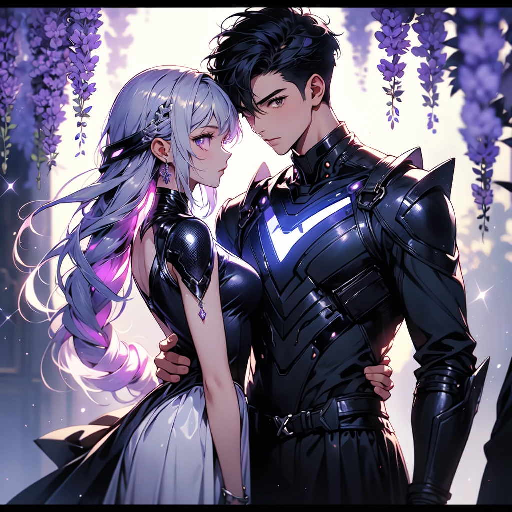 Man and woman couple、yinji,highest quality、Masterpiece、Official Art、The best light source、The best composition、Super detailed、super beautiful、16K、Super detailedな目、Wisteria trellis background、Picture Frame、Picture Frameに紫のLEDライト、indirect lighting、cyber punk未来の美少女、Long double braids、Purple hair color with milky white gradation inner color、Sparkling、A couple riding on a futuristic vehicle、Beautiful boy、A girl is riding behind the boy, holding his arm from behind、cyber punk、