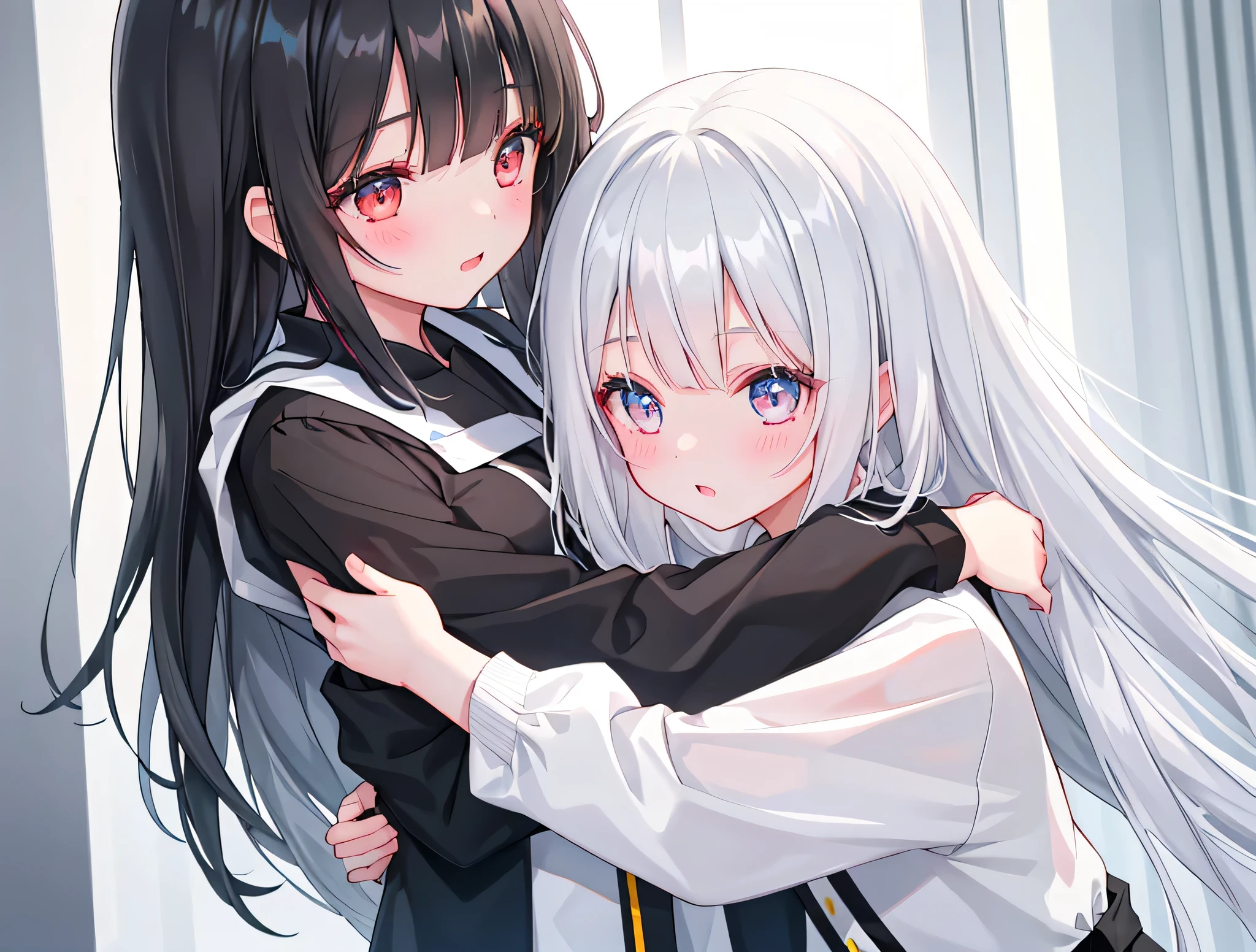 2 girls，Girl 1：Lovely，Black hair，Long gray hair，White，White dress，girl 2：Lovely，black hair，Long gray hair，White，White dress，Symmetrical_docking，kisses and hugs，white background