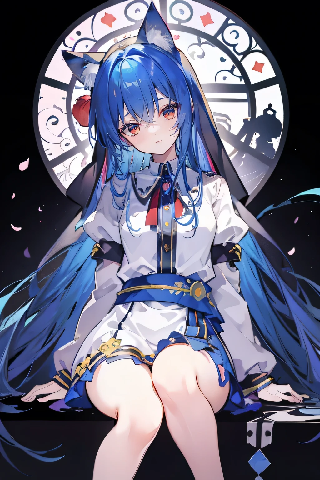 (masterpiece:1.2),Extremely detailed,Practical,expressive eyes,Fair skin,Perfect face shaping,1 Girl,
Japanese cartoons,Gorgeous blue hair, the long flowing blue hair,Floating clothes,Cat ears,Petals fall,beautiful lola,Young Angel,
Place your hands on your waist,sit elegantly on the ground,Cross your legs,Gentle and peaceful background,stately church,nun.