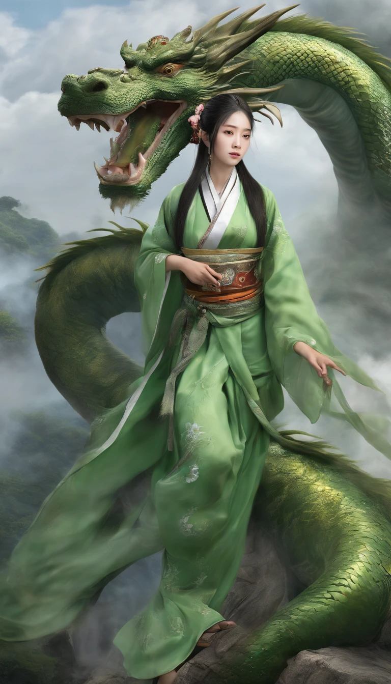 （（高Image Quality、Image Quality、Ultimate Image Quality、Extreme details、Masterpiece details））,Oriental Xiangyun,Green dragon appears,An 18-year-old immortal girl,Long hair flowing out of the dust,Wearer green costume,in auspicious clouds,