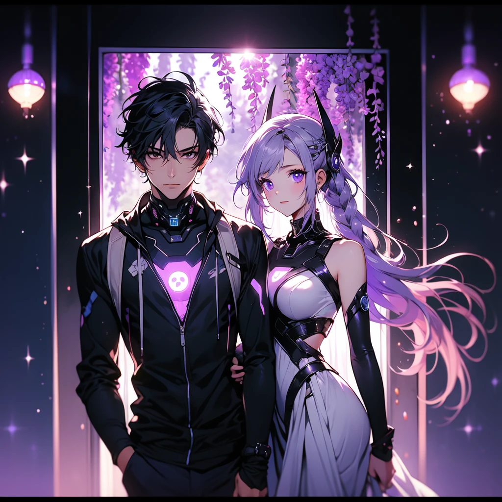 Man and woman couple、yinji,highest quality、Masterpiece、Official Art、The best light source、The best composition、Super detailed、super beautiful、16K、Super detailedな目、Wisteria trellis background、Picture Frame、Picture Frameに紫のLEDライト、indirect lighting、cyber punk未来の美少女、Long double braids、Purple hair color with milky white gradation inner color、Sparkling、A couple riding on a futuristic vehicle、Beautiful boy、A girl is riding behind the boy, holding his arm from behind、cyber punk、Overall purple light source、