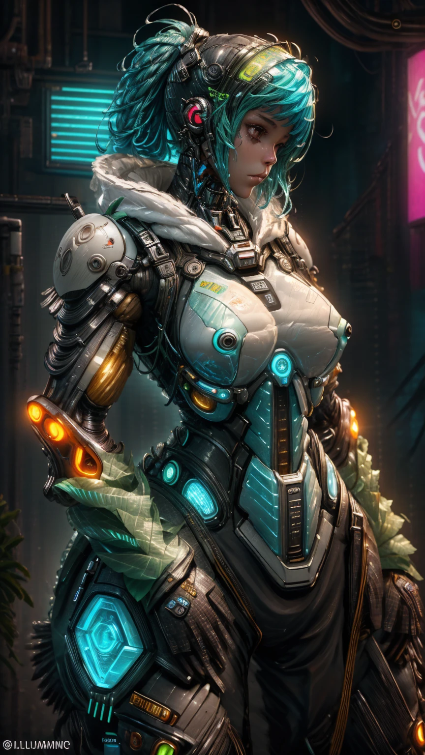 A digital painting depicting a young woman living in the bio-punk world maintaining humanity, Bio punk, a world where man and machinery are melded through biological organisms, biomechanical, hive mind, repurposed muscles, enhanced sensory organs, enhanced limbs, armor made from bone and chitin, high definition, volumetric lighting, bioluminescence, high visual impact