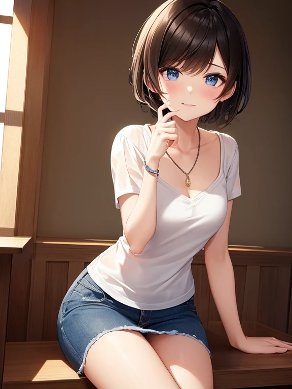 high quality,masterpiece。A cute short-haired man who looks good in women's clothing,woman'Men's clothing,His hair color is brown,Hairstyle: Short hair。He turns his face and body towards the viewer.、Upright。.,True Identity。His hands are empty,Don't move your hands。he looks like this 。His chest is a little swollen,Good style。She is smiling with a cute and androgynous face..,Both eyes are the same color。衣装はPVC製の紫色のMaid clothesです.,リボンやフリルなどの華やかな装飾が施されたMaid clothes,The skirt of the maid uniform is a miniskirt.,Long gloves on both handaid clothes, skirt, The long gloves are made of shiny purple PVC that reflects light..。Black garter socks on both legs。He stands,The place to stand is indoors。