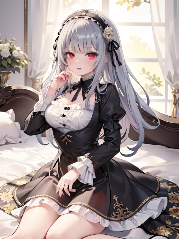 masterpiece, highest quality, Very detailed, 16k, Ultra-high resolution, Cowboy Shot, One 14-year-old girl, Detailed face, Perfect Fingers, sui1,Mercury lamp, Red eyes, Long Hair, Gothic Dress, Gray Hair, Floral Hair Ornament, Long sleeve, Gothic Headband, ribbon, Black Dress, White panties, Panty shot, classical European style bedroom, bed, Lie on your back