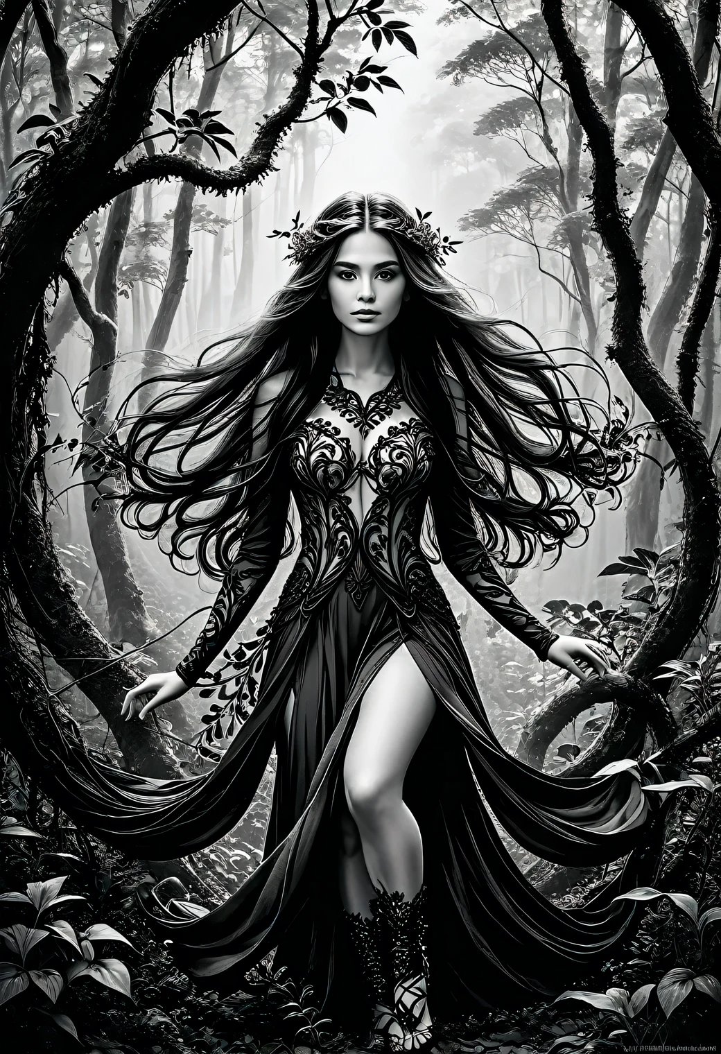 ((Black and white art)), black art, white art, The photo was taken with a Nikon Z 6II camera with a Nikon NIKKOR Z 24-120 mm lens, a beautiful girl with flowing long hair in forest elf clothes, her flowing hair is intertwined with many branches and stems of forest plants, full body, full pose, style, grace, mesmerizing, the work of a master of black and white art, filigree, intricate, depth of volume, illusion in the image, (black and white image):1.6045. 35 mm, f/3, 1/25 sec., ISO 120.