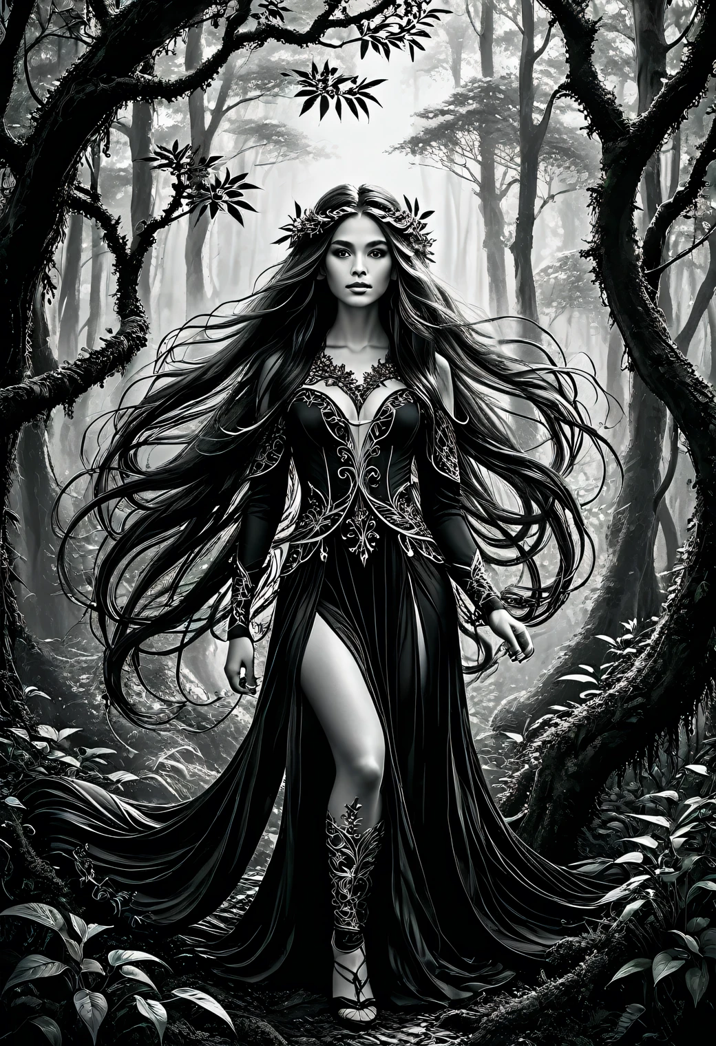 ((Black and white art)), black art, white art, The photo was taken with a Nikon Z 6II camera with a Nikon NIKKOR Z 24-120 mm lens, a beautiful girl with flowing long hair in forest elf clothes, her flowing hair is intertwined with many branches and stems of forest plants, full body, full pose, style, grace, mesmerizing, the work of a master of black and white art, filigree, intricate, depth of volume, illusion in the image, (black and white image):1.6045. 35 mm, f/3, 1/25 sec., ISO 120.