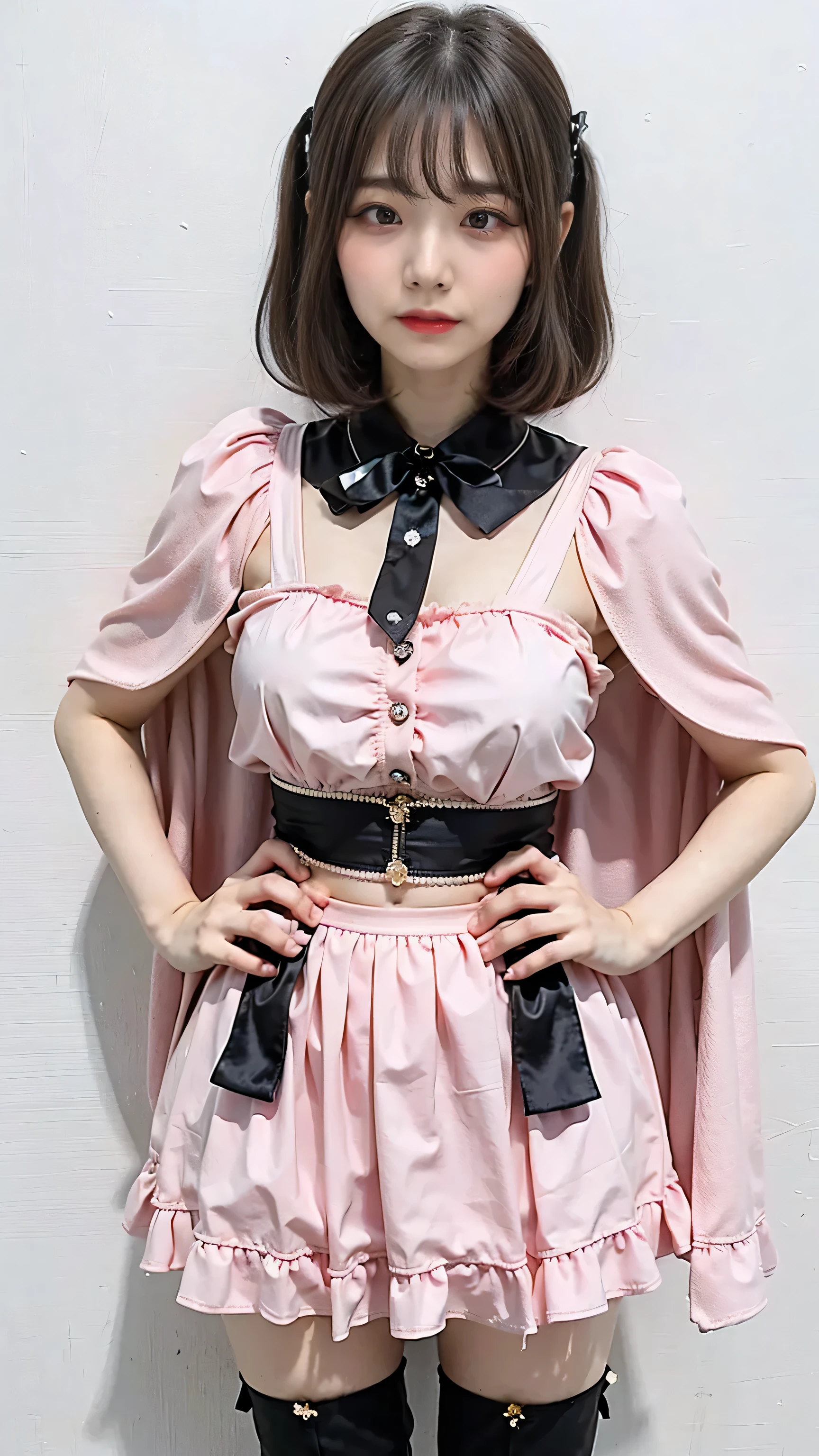 (8k、RAW Photos、highest quality、masterpiece:1.2)、(Realistic、Realistic)、1 girl、((Black and pink dress、belly button、Pink ee-through、Big Breasts、View from the front、stage、Spotlight、Twin tail hair、Bustier、Cape、smile、whole body、short boots、Standing with hands on hips))、Lots of eyelashes、Glowing eyelids、skeletally correct