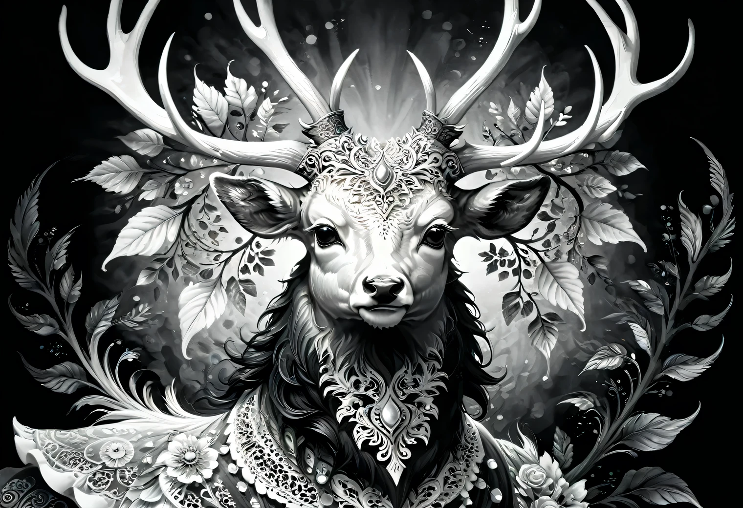 ((Black and white art)), black art, white art, The photo was taken with a Nikon Z 6II camera with a Nikon NIKKOR Z 24-120 mm lens, portrait of a forest deer with spreading unreal horns, deer horns intertwined with branches and stems of surrounding plants of a magical forest, full body, full pose, style, grace, mesmerizing, the work of a master of black and white art, filigree, intricate, depth of volume, illusion in the image, (black and white image):1.6045. 35 mm, f/3, 1/25 sec., ISO 120.