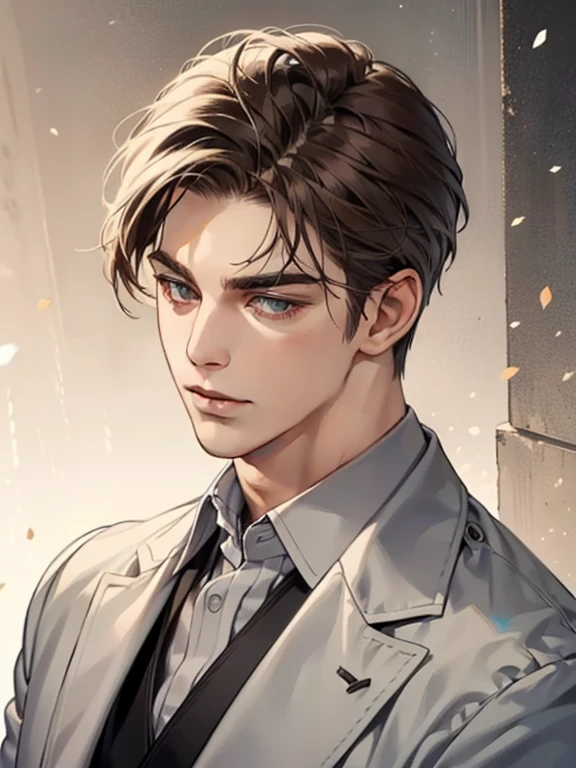 masterpiece, best quality, realistic, 1man, mature male, quiet and charming young man, 25 year old, serious look, closed mouth, portrait, extremely detailed face, cold smile, ((dark grey eyes)), ((short-right-swept dark brown hair)), [thick eyebrows], ((suit)), handsome, full body, western, Jewish, light brown skin,