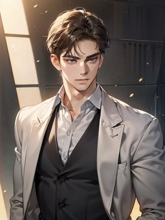 masterpiece, best quality, realistic, 1man, mature male, quiet and charming young man, 25 year old, serious look, closed mouth, portrait, extremely detailed face, cold smile, ((dark grey eyes)), ((short-right-swept dark brown hair)), [thick eyebrows], ((suit)), handsome, full body, western, Jewish, light brown skin,