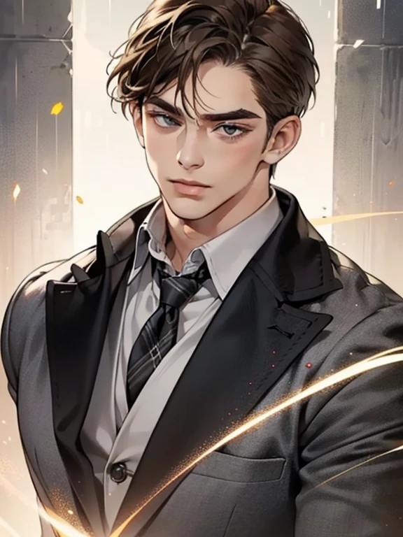 masterpiece, best quality, realistic, 1man, mature male, quiet and charming young man, 25 year old, serious look, closed mouth, portrait, extremely detailed face, cold smile, ((dark grey eyes)), ((short-right-swept dark brown hair)), [thick eyebrows], ((suit)), handsome, full body, western, Jewish, light brown skin,