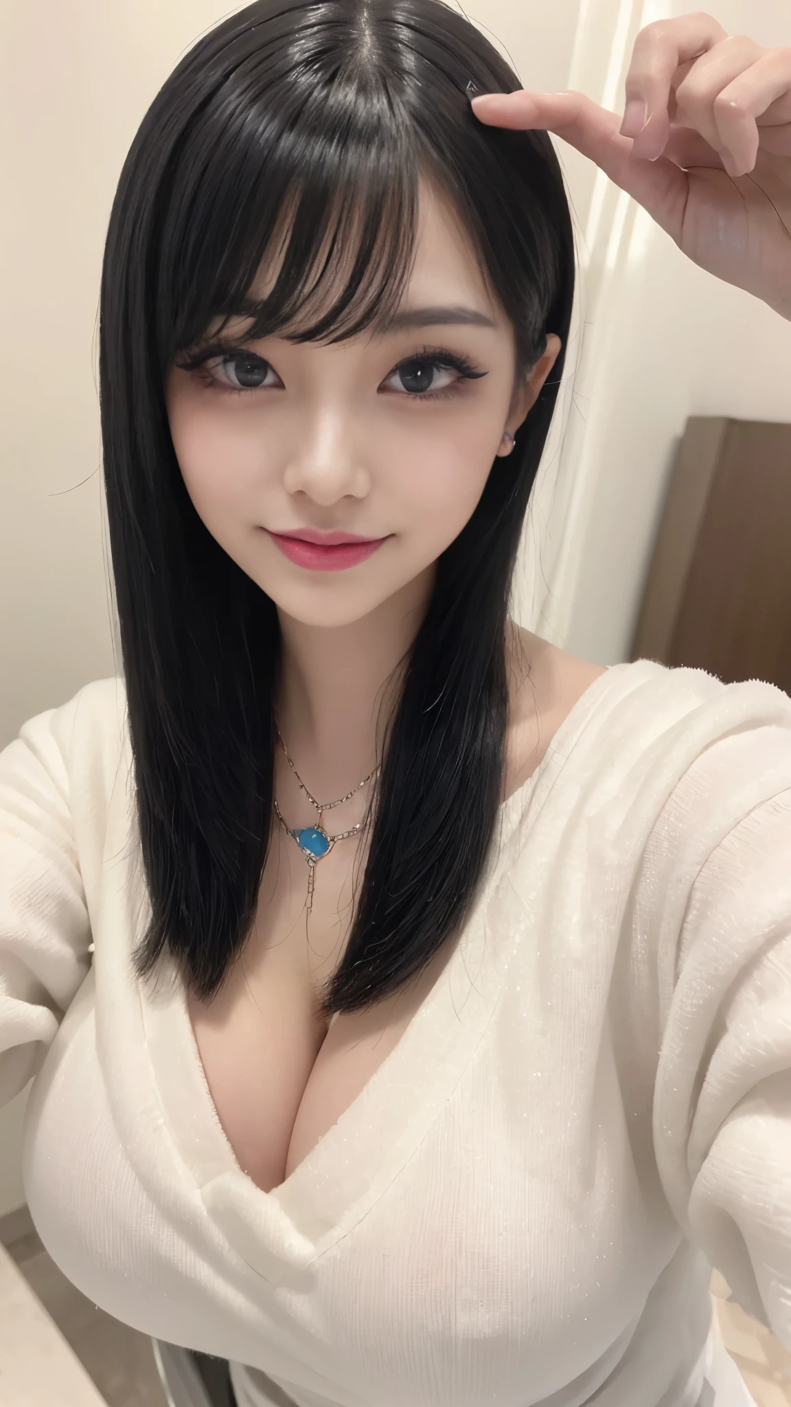 (((Super big boobs:1.5))), (((Safe and secure、safety sensor、Absolutely safe、Everyone、safety))) 、(((POV, Subjective))),
(masterpiece, highest quality, super vivid, highest quality, Ultra-high resolution, RAW Photos, Realistic: 1.4, 32k, 8k , Official Art, beautifully:1.2), Cinema Lighting、(45 degree light from the front,Subsidy Light、Soft Backlight、beautiful color scheme), Accurate human body、Knowledgeable person、Correct five-finger、Accurate and flawless background、
(Shining Oil Skin:1.5, Beautiful skin in every detail、Shiny skin、Oval Face, pore,One Girl, slim, Absolute area、
(Sexy smile expression:0.8, A large cleavage is exposed, Captivating smile, Mischievous face, Excited, Best Sexual Poses, A loving gaze、Cute Face、glitter lip gloss, Long eyelashes, Sparkly Red Glitter Eyeliner、Jirai Type Makeup:1.2、Jirai Girl:1.2),
Long Hair Girl、Beautiful Japanese Girl、Black-haired、Heavy bangs、
Long sleeve off-shoulder shirt、Fluffy white sweater dress、Accentuate your breasts,