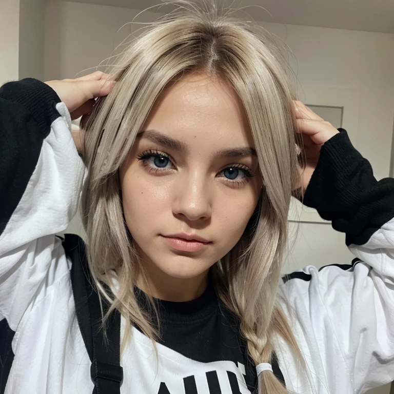 Chica de piel blanca ,con cabello color negro , ojos color celestes , con sudadera color negro , ojos color azules claro