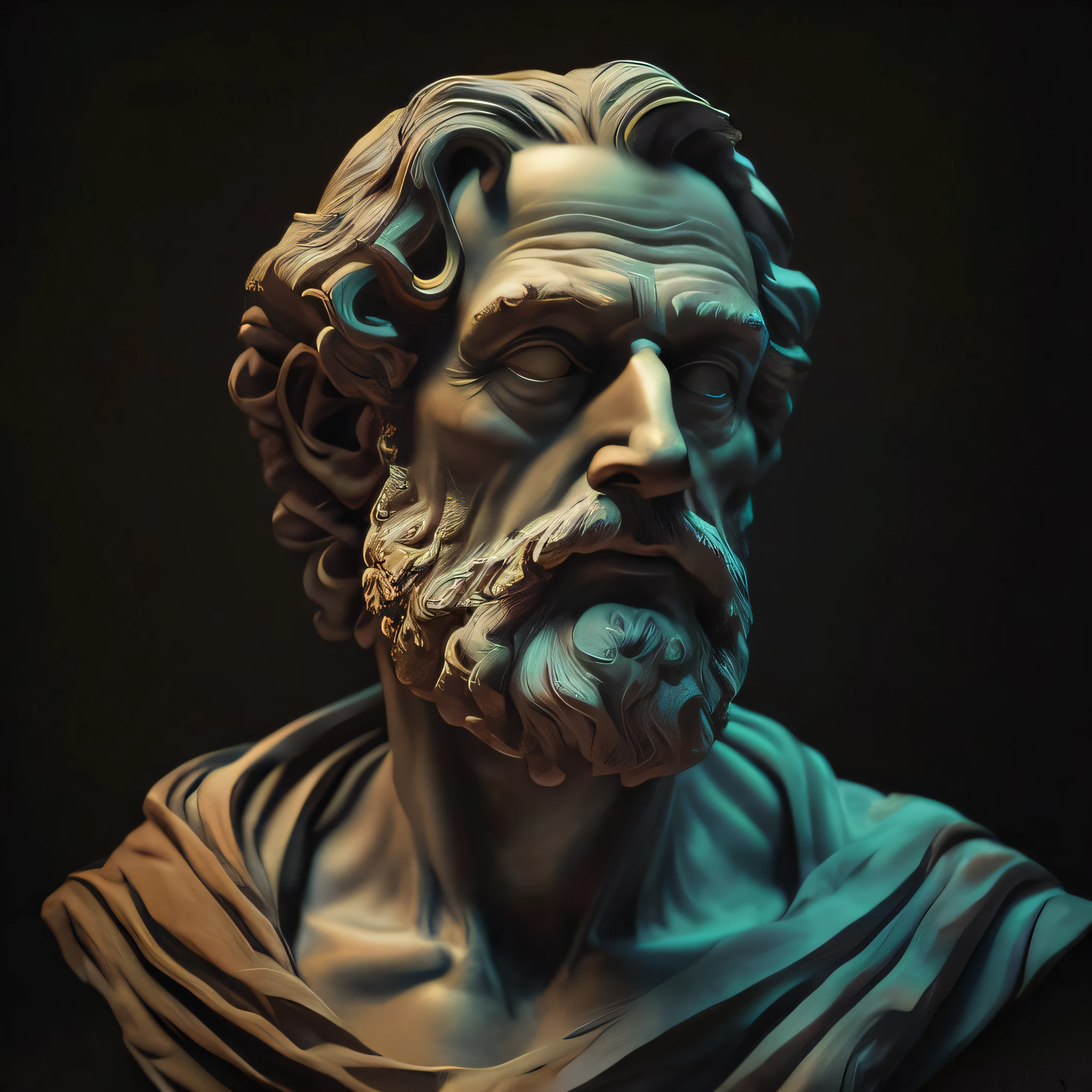 un gros plan d'une statue d'un homme avec une barbe, Cinematic Bust Portrait, Detailed 3D digital illustration, sculpture réaliste du Bernin 8k, baroque vaporwave statue, Style artistique de Michel-Ange, portrait en buste, visage stoïque, Arte Zbrush, @ zbrosse, sculpture classique, highly detailed digital art, High-quality 8k detailed artwork, digital sculpting