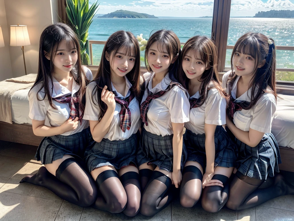 (Highschool girls inside suite room:1.4, 17 years old, cute faces:1.5, triangular face, sitting on gorgeous bed), looking at viewer, ((embarrassed:1.3, smile:1.1)), shy smile, open mouth, silky skins, natural makeup, glossy lips, group shot, (sexual suggestive:0.7), (identical school uniform:1.5, white shirt open chest, see through , both hand on breast:1.24), (naked :0.2), (3 girls:1, perfect style, full body), ((slender body)), (pleated plaid skirt, show panties), (raw photo:1.4),(( legs wide open, ribbons, pantyhose:1.2)), (gentle light, 16k wallpaper, raw photo, idol), BIBE, (wide window with ocean scenery, expensive furniture:1.3, sheets on floor:1.4, flowers in planter)