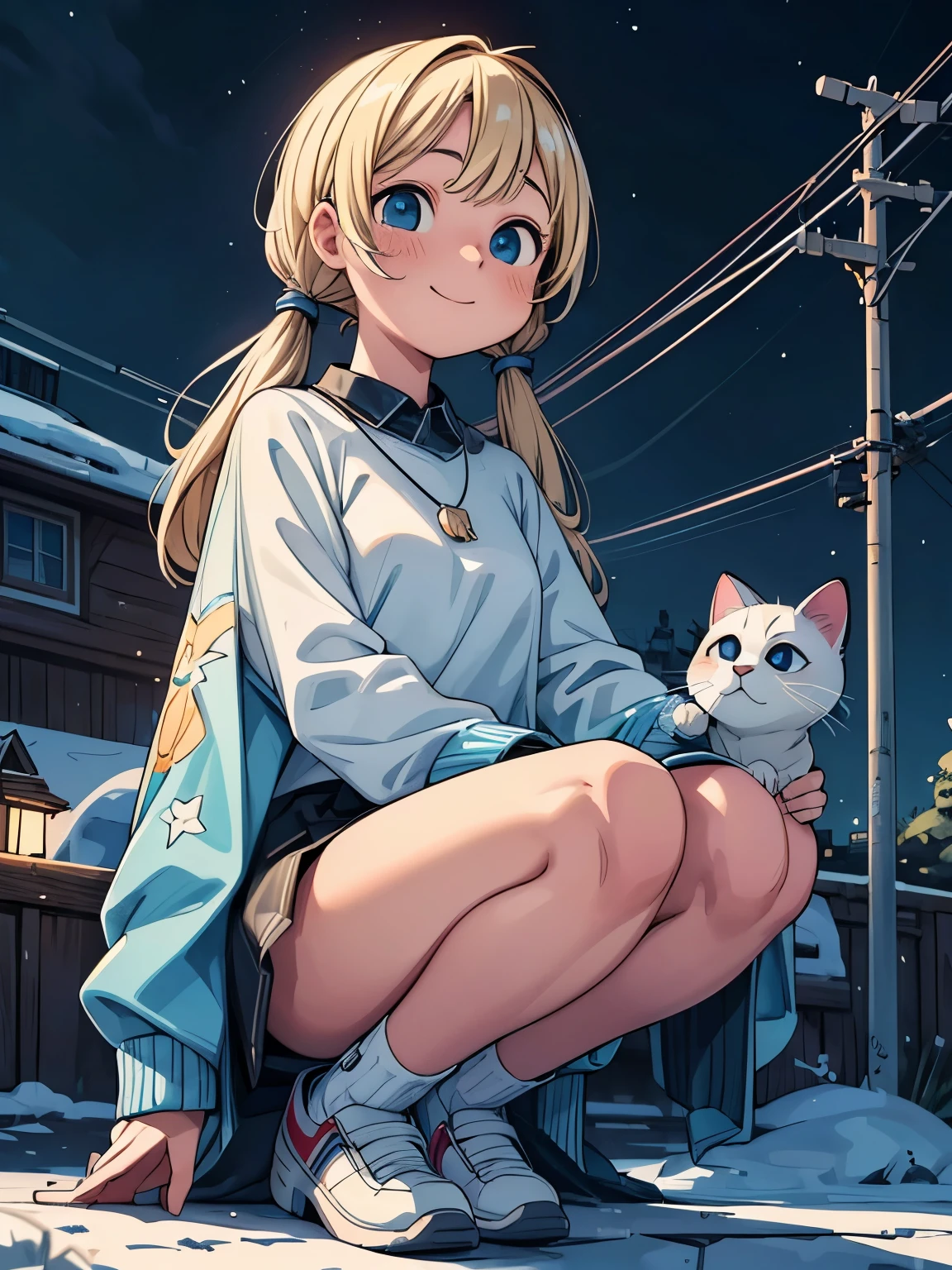 (masterpiece、highest quality、highest quality、Official Art、Beautiful and beautiful:1.2)、(One girl:1.3)Hatsune Miku、Twin tails,Big Breasts,A laid-back personality and a white cat,Absurd, Ultra-detailed,Bright colors,(In 8K:1.3),Masseter muscle area,Very beautifully detailed face and eyes, Age 25, Aurora、City lights、star座、Crescent Moon,Milky Way,Street lamp post, Particles of light, Long sleeve, milky way, night, nightnull, outside of home, 惑star, Power lines, 流れstar, Sit on, null, nullscraper, alone、squat、stargazing,star_\(Sky Porn\)、starnull、starry null Print、telescope、Winters、(Smooth and straight blonde hair:1.3), (Shiny Hair:1.2), Delicate and beautiful face, blush、Deep blue eyes, A happy smile,Small Necklace,