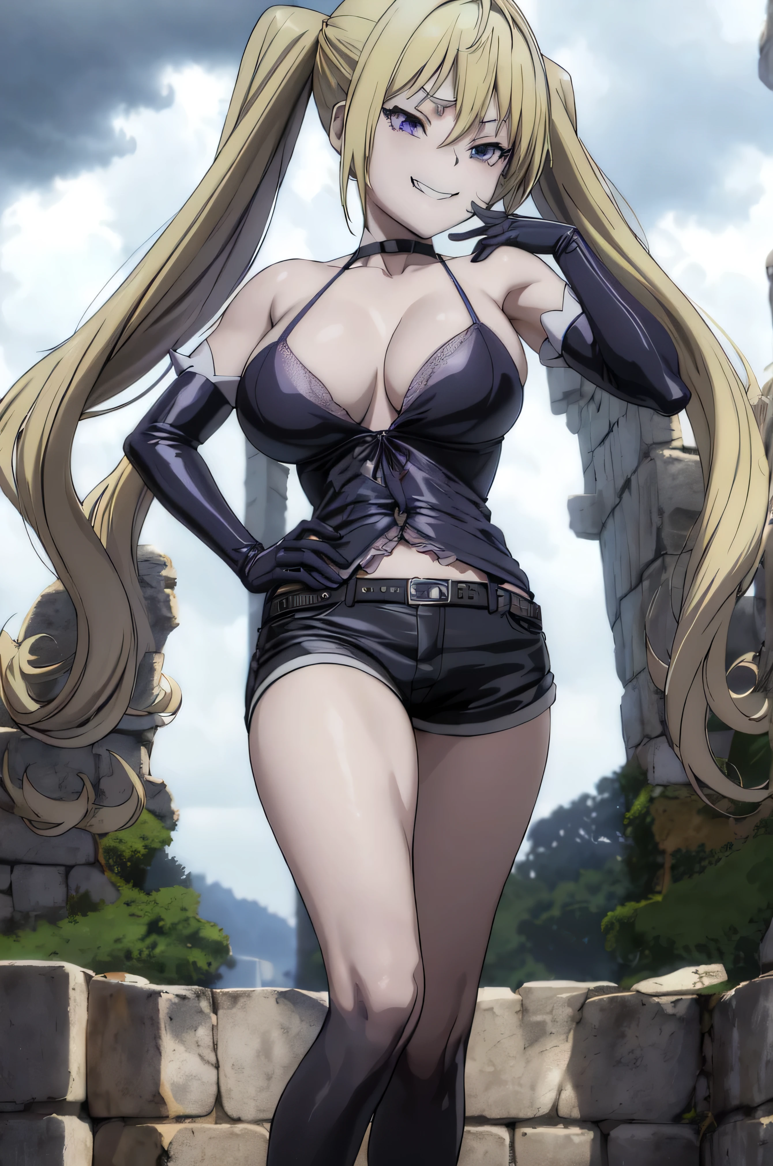 (masterpiece, best quality), 1girl, lieselotte sherlock,high quality, extremely detailed, ,(dark and stormy skies, lightning)(masterpiece:1.0),(Highest_quality:1.0), 超High resolution,4k,Super detailed, photo shoot, 8K, HDR, High resolution, disorganized:1.2, twintail,,looking at viewer,latex,elbow gloves,,, ,official art,short pants,(beautiful_face:1.5),(narrow_waist),,Highly detailed CG Unity 8K wallpaper, perfect lighting,laugh at,evil smile,evil smirk,