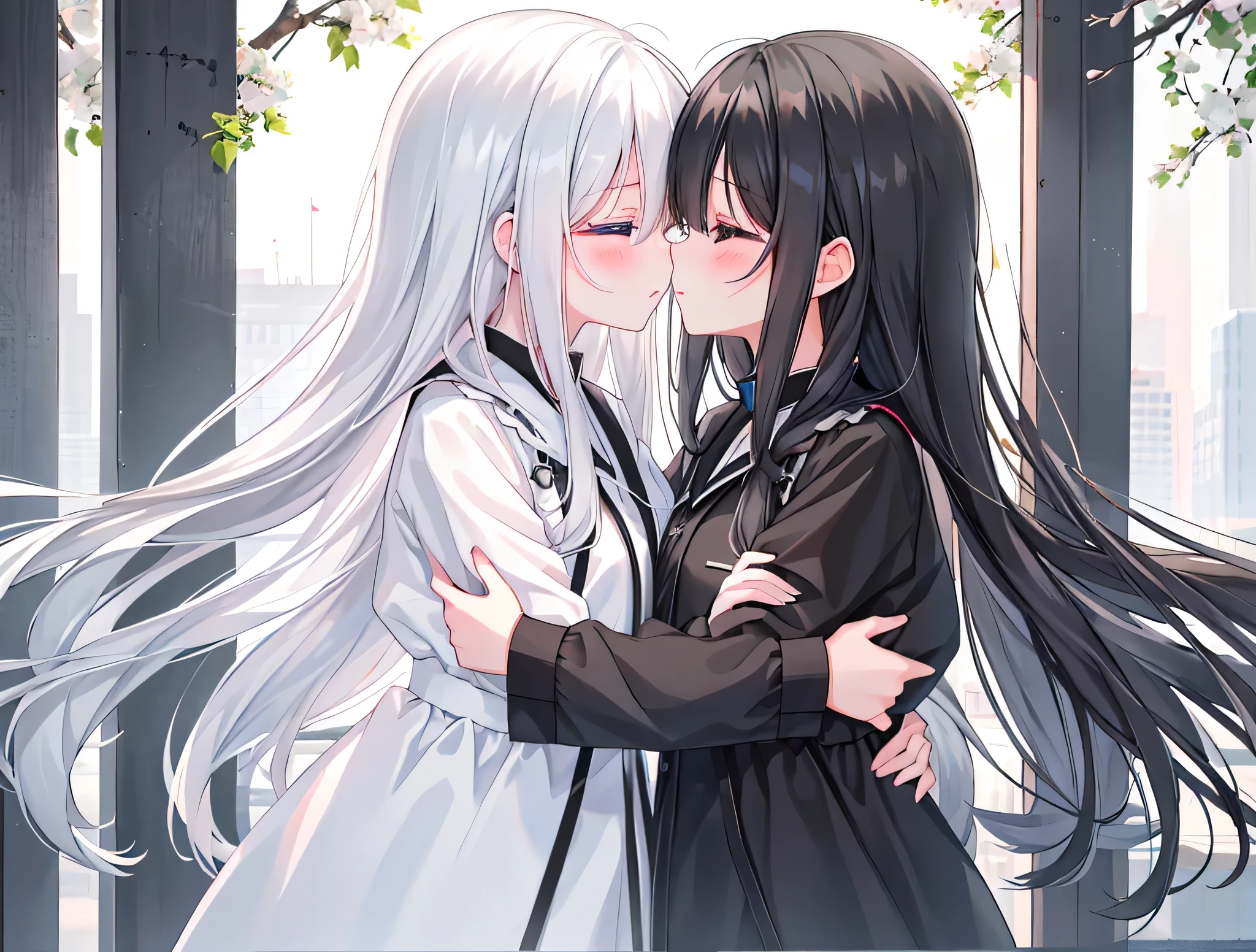 2 girls,Girl 1:Lovely,Black hair,Long gray hair,White,White dress,girl 2:Lovely,black hair,Long gray hair,White,White dress,Symmetrical_docking,kisses and hugs,white background