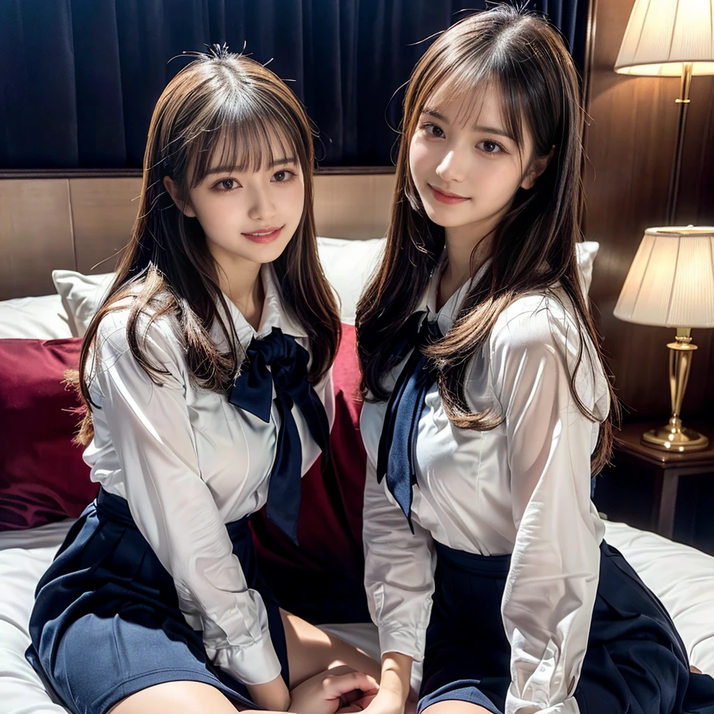 ((Four schoolgirls sitting on bed,Sit across from me,Look at me affectionately fascinated、Enraptured look,Trance,Everyone sees the camera perfectly,1 beautiful girl who is half Spanish,a blond,Brown hair,A dark-haired,photoRealstic,Luxury hotel bed taken from the lap,Same uniform,japanese,4 schoolgirls,Play with each other,Touching each other's bodies,Touching the body of the girl next door,4 Close contact,Very hilarious pose)),(Navy blue skirt in a sailor suit、Red ribbon and white shirt,Same ,large full breasts,Beautiful makeup,glitter makeup,Cutest 18 years old)),((Realistic lighting,during daytime,The background is a luxury hotel room,A detailed face,perfect teeth,White teeth,finerly detailed face,Beautiful face,an ecstatic look on one's face,Perfect fingers,Accurate 5 fingers,high-definition RAW color photography, professional photograpy, extremely delicate and beautiful, Extremely detailed,finely detail, Huge file size,Top image quality,8K))