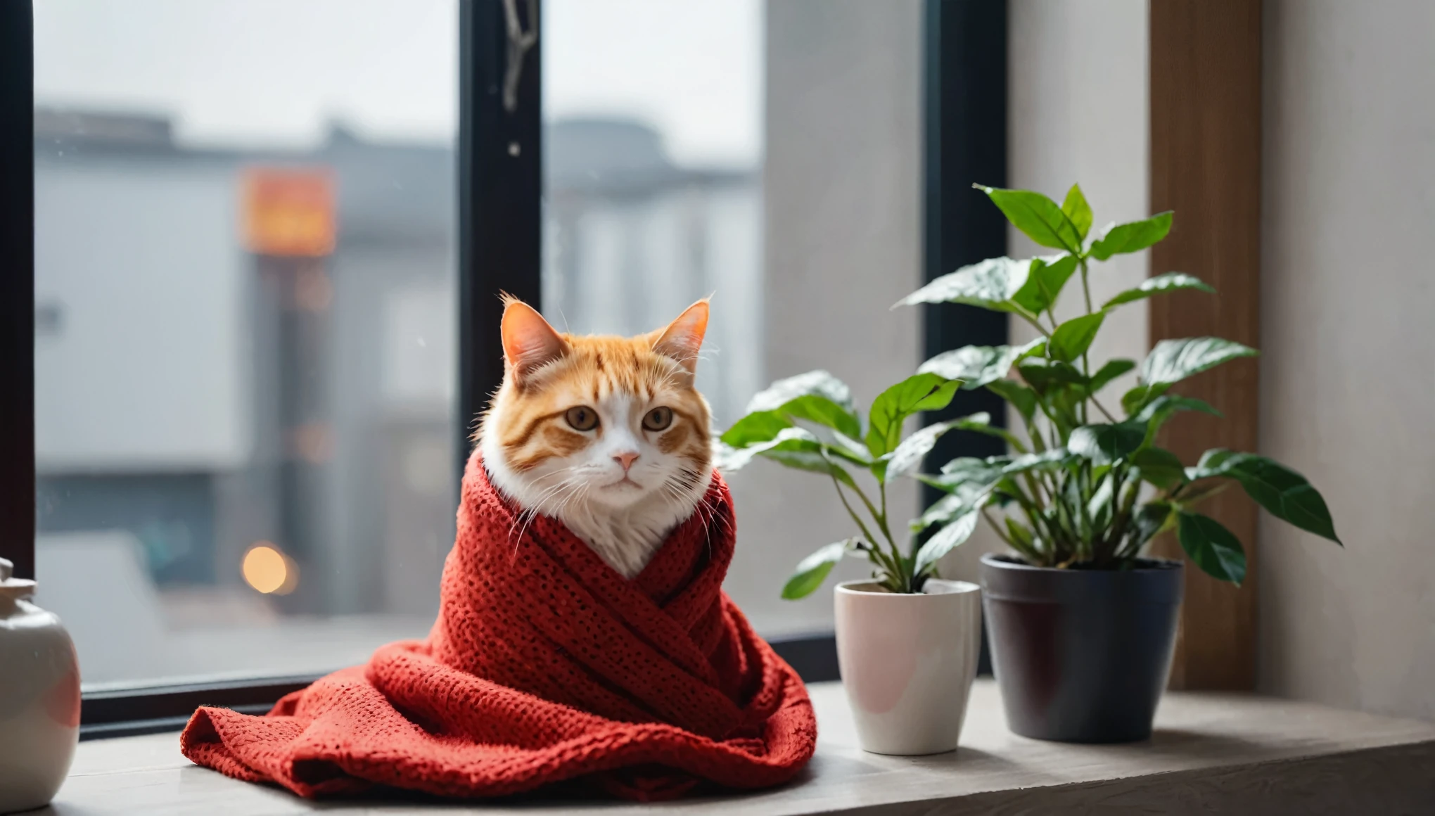 A small orange cat is wrapped in a red knitted blanket on a windowsill with a small plant(還包著coffee杯子3/1 location), 热气腾腾的coffee, full of 热气腾腾的coffee, 热coffee, night的心情,Bokeh Background. coffee, cold, soft - warmnight时间, night的气氛, Winter environment, A cup of hot chocolate, cold的 weather, comfortable, cold的, warm, later, comfortable的气氛.cold的的night.cold的 night mood, comfortable平静, relax, .(highest quality,4K,8k,High resolution,masterpiece:1.2),Very detailed,(Actual,photoActual,photo-Actual:1.37),coffee在白色陶瓷杯中微微冒烟.超High resolution, Anatomically correct, masterpiece, highest qualityUHD, Accurate, Anatomically correct, highest quality, masterpiece(night.warm光)