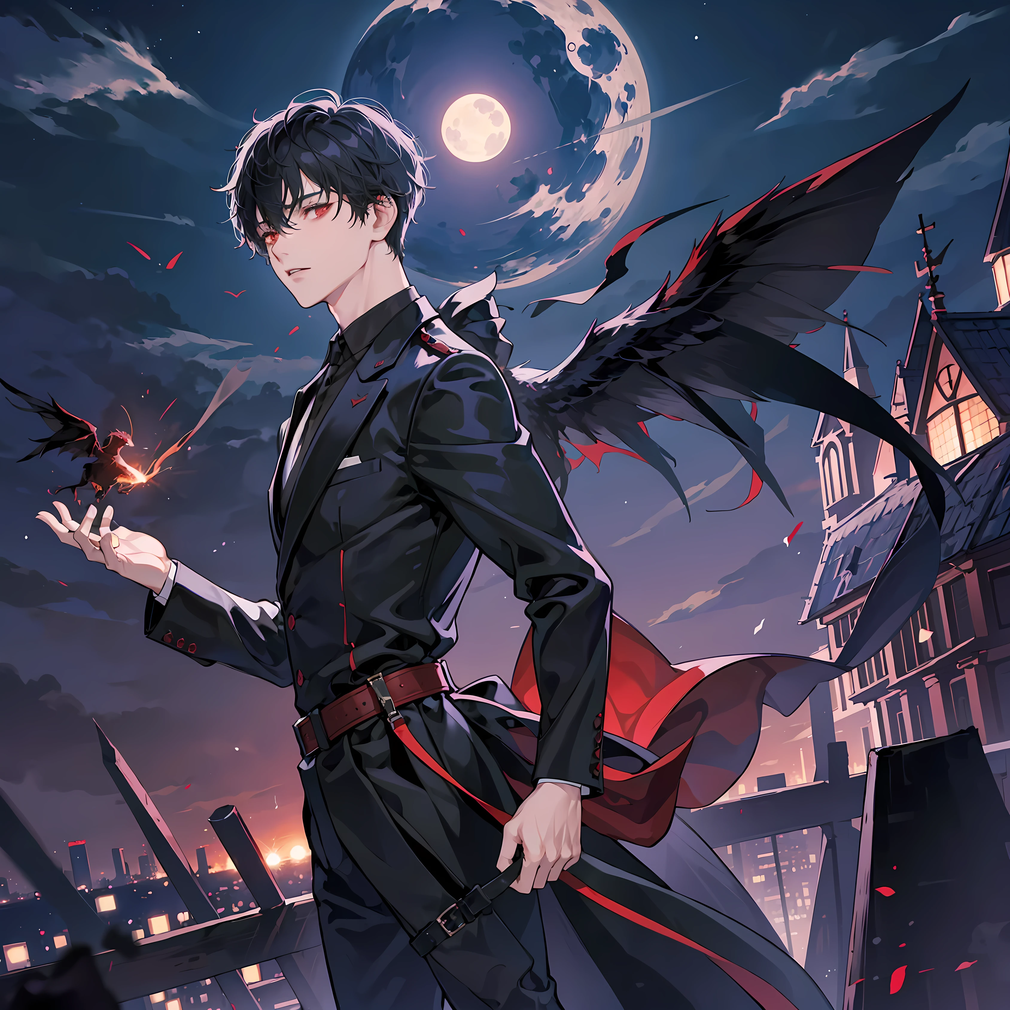 1boy, short black hair, red eyes, wearing all black suit, on top of building, midnight, dark purple lights, full moon, high res, ultrasharp, 8k, masterpiece, looking at viewer from behind