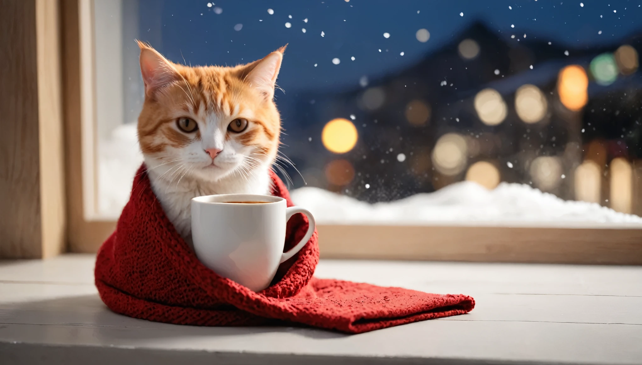 A small orange cat is wrapped in a red knitted blanket on a windowsill with a small plant(還包著coffee杯子3/1 location), 热气腾腾的coffee, full of 热气腾腾的coffee, 热coffee, night的心情,Bokeh Background. coffee, cold, soft - warmnight时间, night的气氛, Winter environment, A cup of hot chocolate, cold的 weather, comfortable, cold的, warm, later, comfortable的气氛.cold的的night.cold的 night mood, comfortable平静, relax, .(highest quality,4K,8k,High resolution,masterpiece:1.2),Very detailed,(Actual,photoActual,photo-Actual:1.37),coffee在白色陶瓷杯中微微冒烟.超High resolution, Anatomically correct, masterpiece, highest qualityUHD, Accurate, Anatomically correct, highest quality, masterpiece(night.warm光)