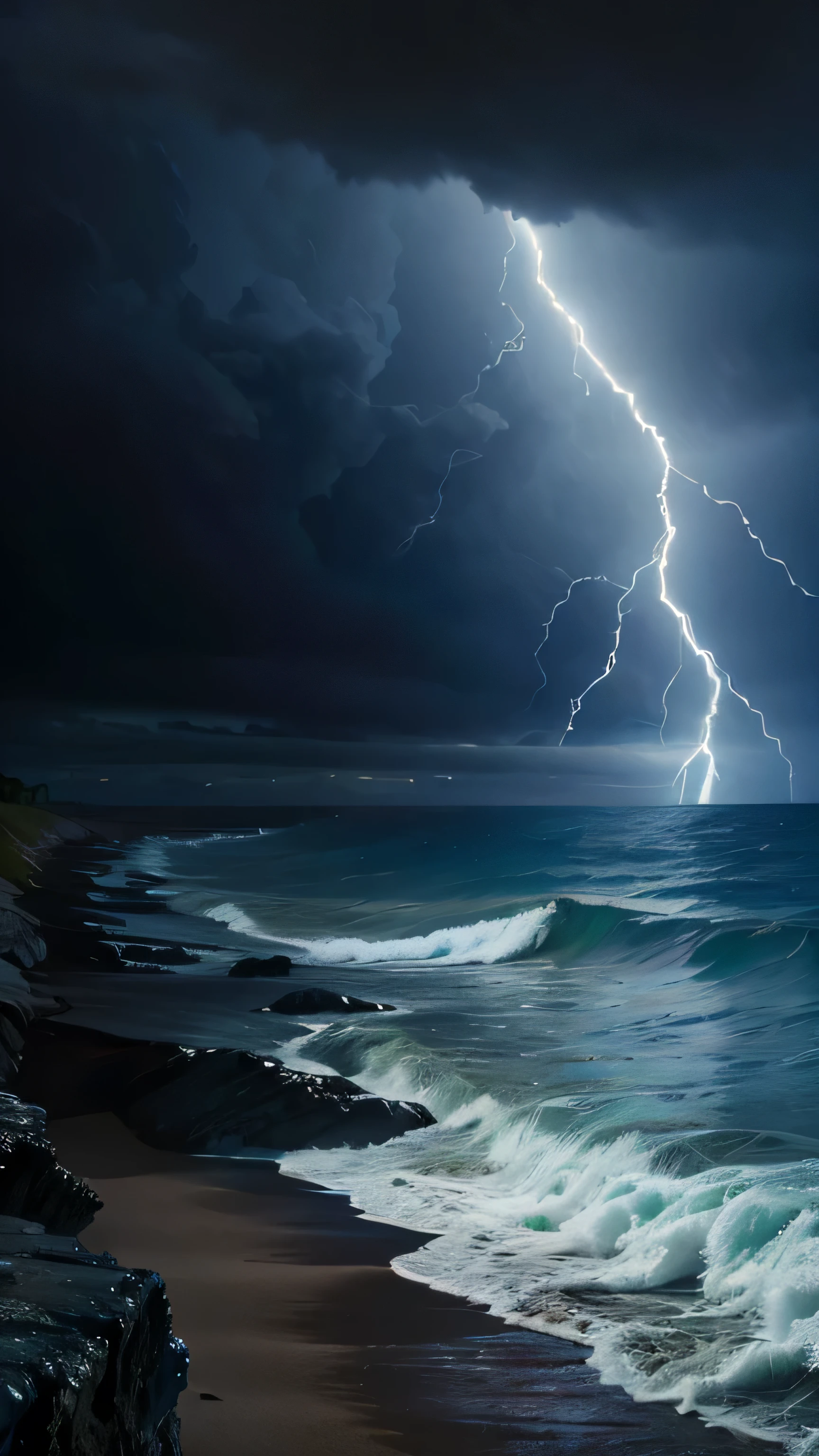 (highest quality,4K,8k,High resolution,masterpiece:1.2),Super detailed,(Realistic,photoRealistic,photo-Realistic:1.37),Dark blue background, Stormy Coast, Continuing sandy beach, Blue sky, Many flashes of lightning, Product Showcase, Vibrant colors, Dramatic lighting