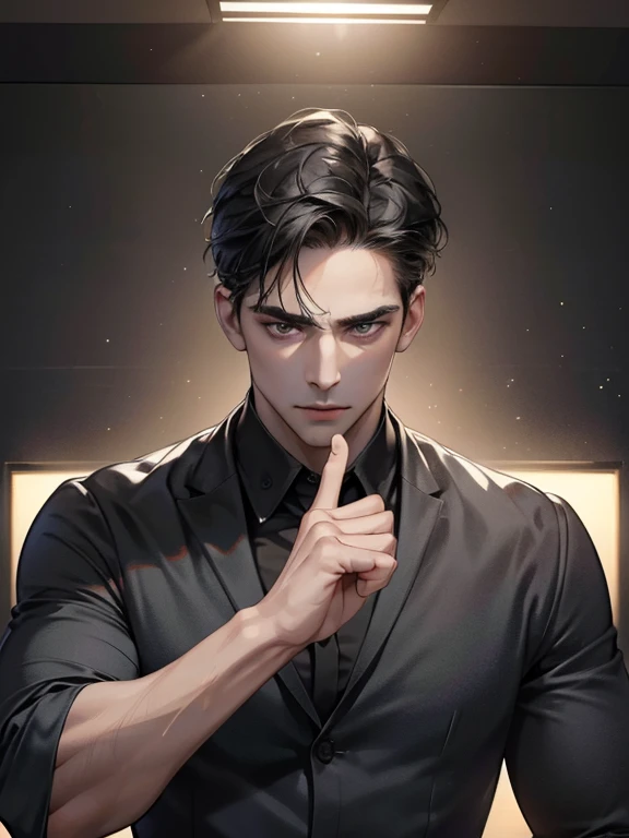 (best quality, masterpiece, 8K, photorealistic, cinematic lighting, hdr image, ultra detailed, beautiful image), 1 man, 31 years old, mature man, very handsome, (without expression, serious), short black hair, black eyes ( penetrating gaze), imposing posture, businessman, office background