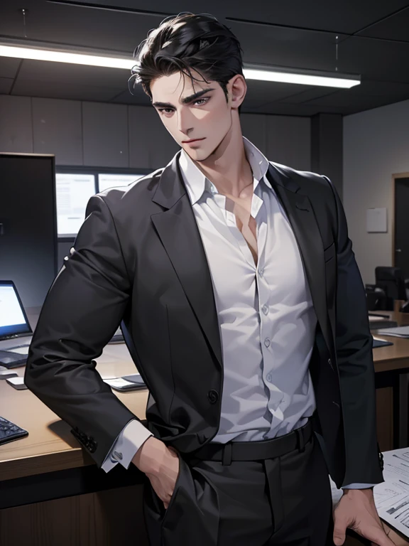 (best quality, masterpiece, 8K, photorealistic, cinematic lighting, hdr image, ultra detailed, beautiful image), 1 man, 31 years old, mature man, very handsome, (without expression, serious), short black hair, black eyes ( penetrating gaze), imposing posture, businessman, office background